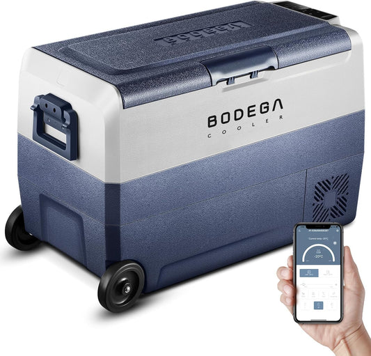 BODEGACOOLER 12 Volt Car Refrigerator,53 Quart Portable Fridge Dual Zone -4℉-68℉,50L Car Freezer APP Control,Electric Compressor Cooler 12/24V DC and 100-240V AC for RV,Camping,Travel,Truck,Vehicles