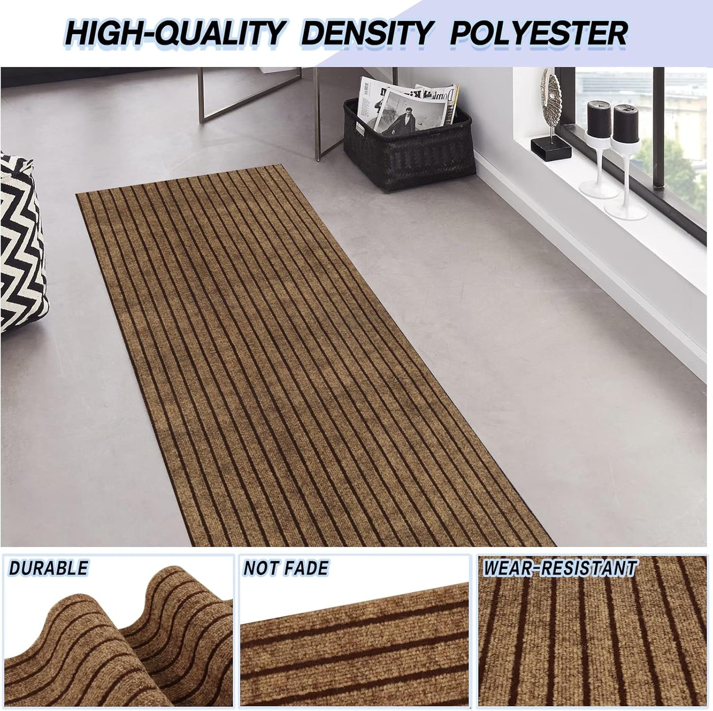 Custom Size Backed Non-Slip Area Rugs Runner, Easy Clean, Waterproof Runner Rugs for Hallway Entryway, Kitchen, Laundry, 3FT x 74FT, Brown Stripe