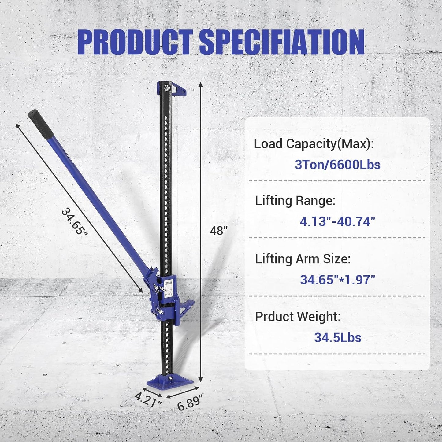 Multi-Functional Lift Jack, Farm Jack Heavy Duty Off Road, for Tractor, Truck, SUV, ATV, UTV, Off Road Accessories, Durable 3 Ton with Wide Base & Ratcheting Mechanism