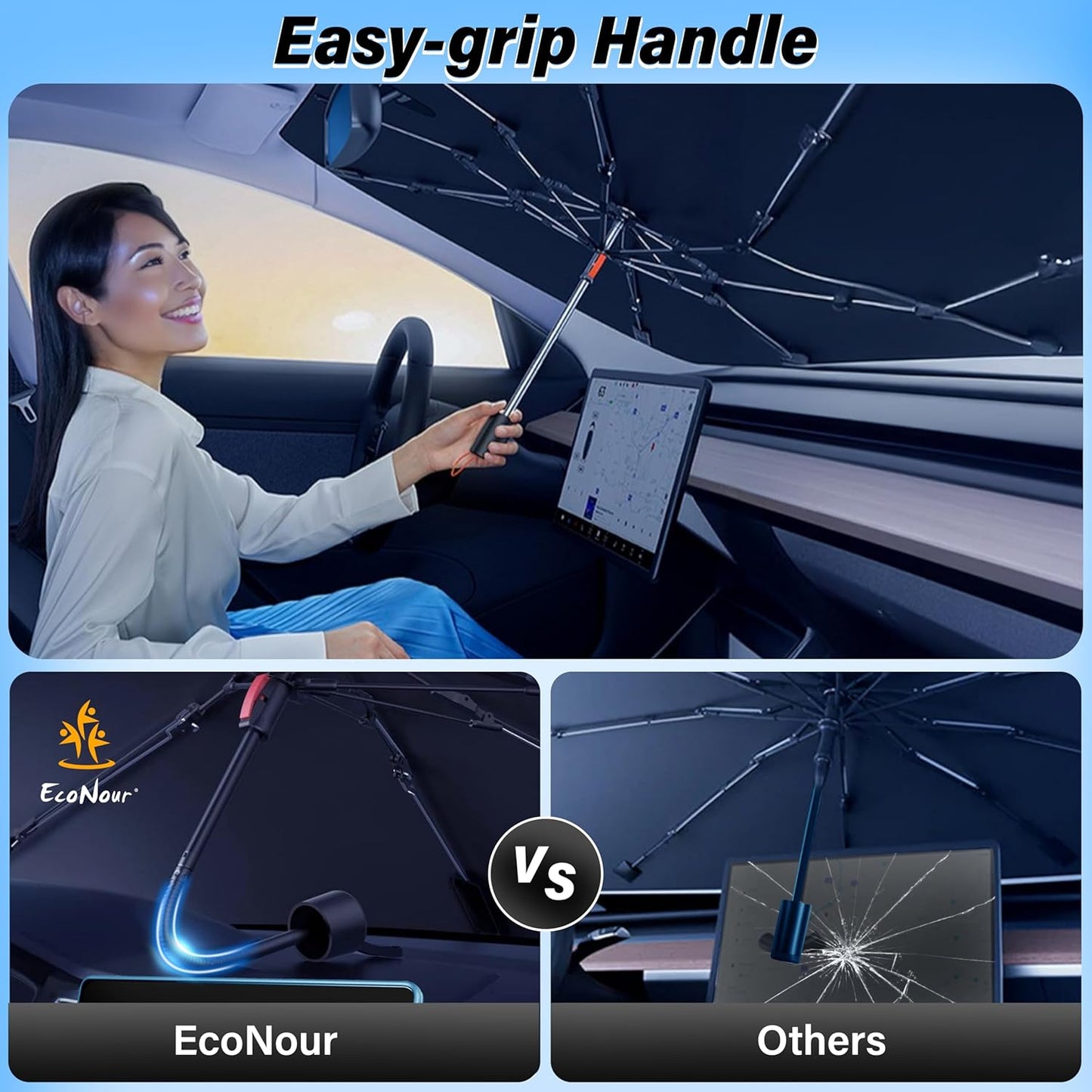 EcoNour Car Windshield Sunshade Umbrella | Foldable Windshield Sun Shade Cover | Front Car Window Shade for Maximum UV Rays & Heat Protection | 240T Polyester Umbrella Sunshade