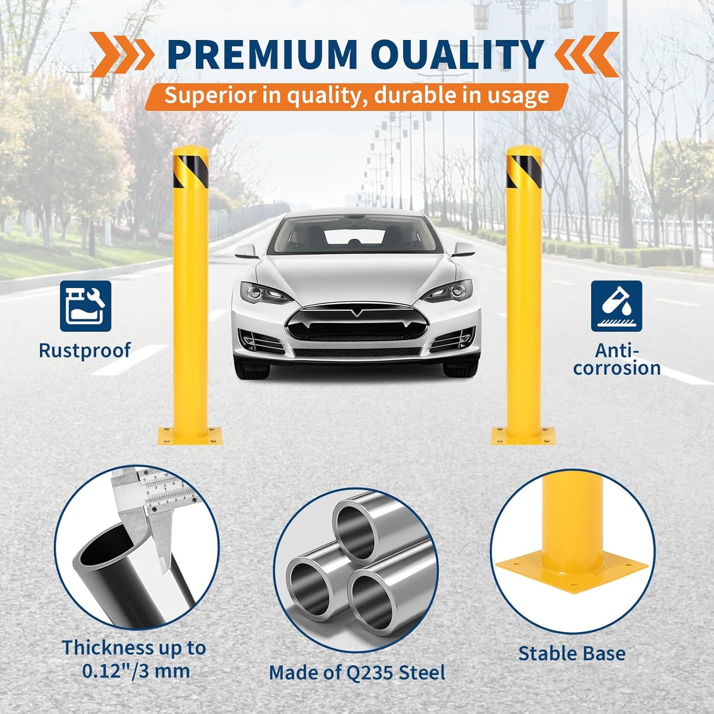 4.5x48 Inch Safety Bollard Post - Yellow Steel Bollard with Anchor Bolts (2-Pack) for Parking Lots, Walkways & Traffic Areas