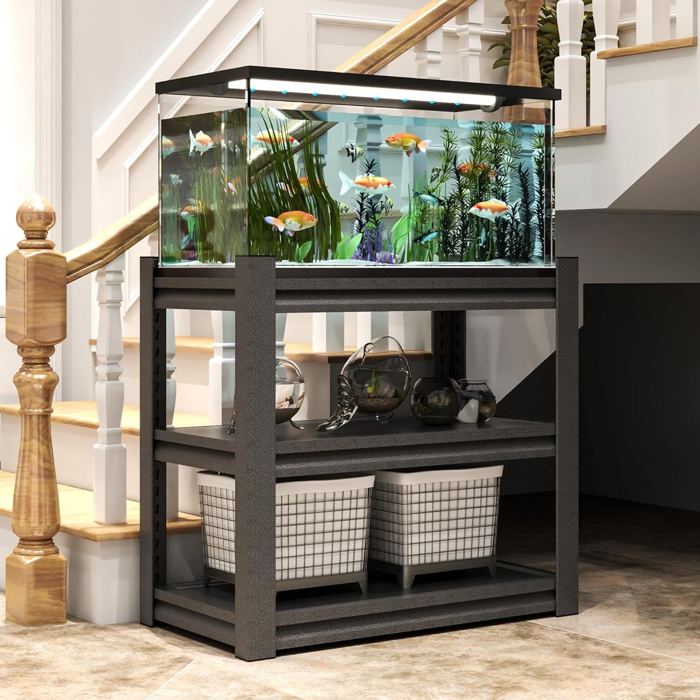 3 Tier Metal Shelving Unit, Aquarium Shelf System, Small Storage Organizer Racks for Basement Garage Laundry Utility Shelving (Black)