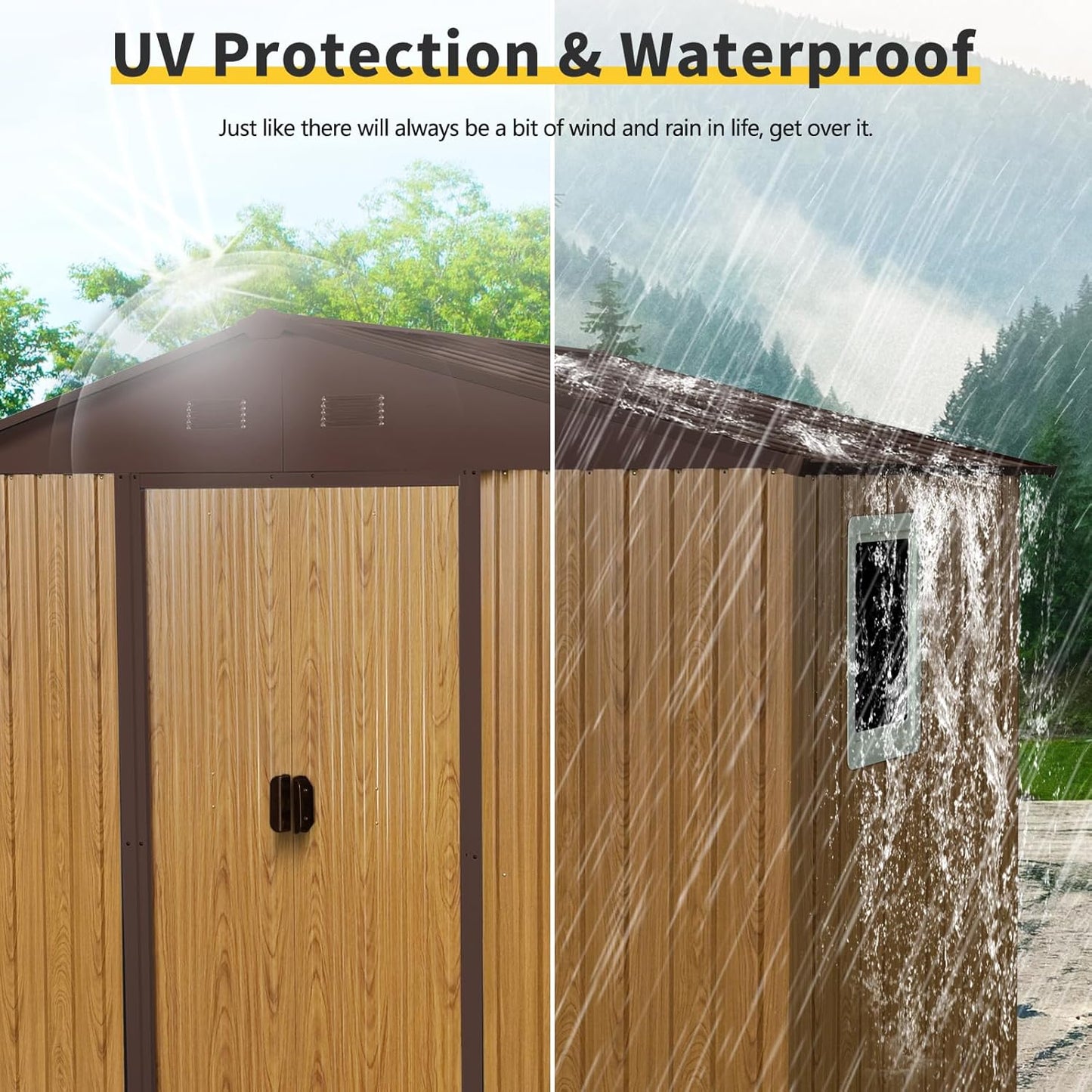 4x8 FT Outdoor Storage Shed, Metal Garden Shed with Frame Floor, Outside Tool Shed with Window, Waterproof Storage Building with Lockable Sliding Doors & Sloped Roof for Backyard, Patio, Coffee
