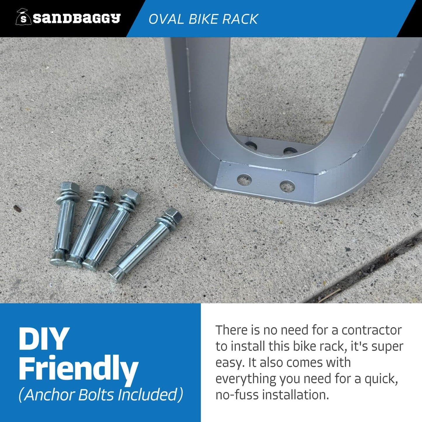 Sandbaggy Modern Commercial Bike Rack | 6.5” x 3” x 35” Oval Design | In-Ground | Anchor Bolts Included (Black, 8)