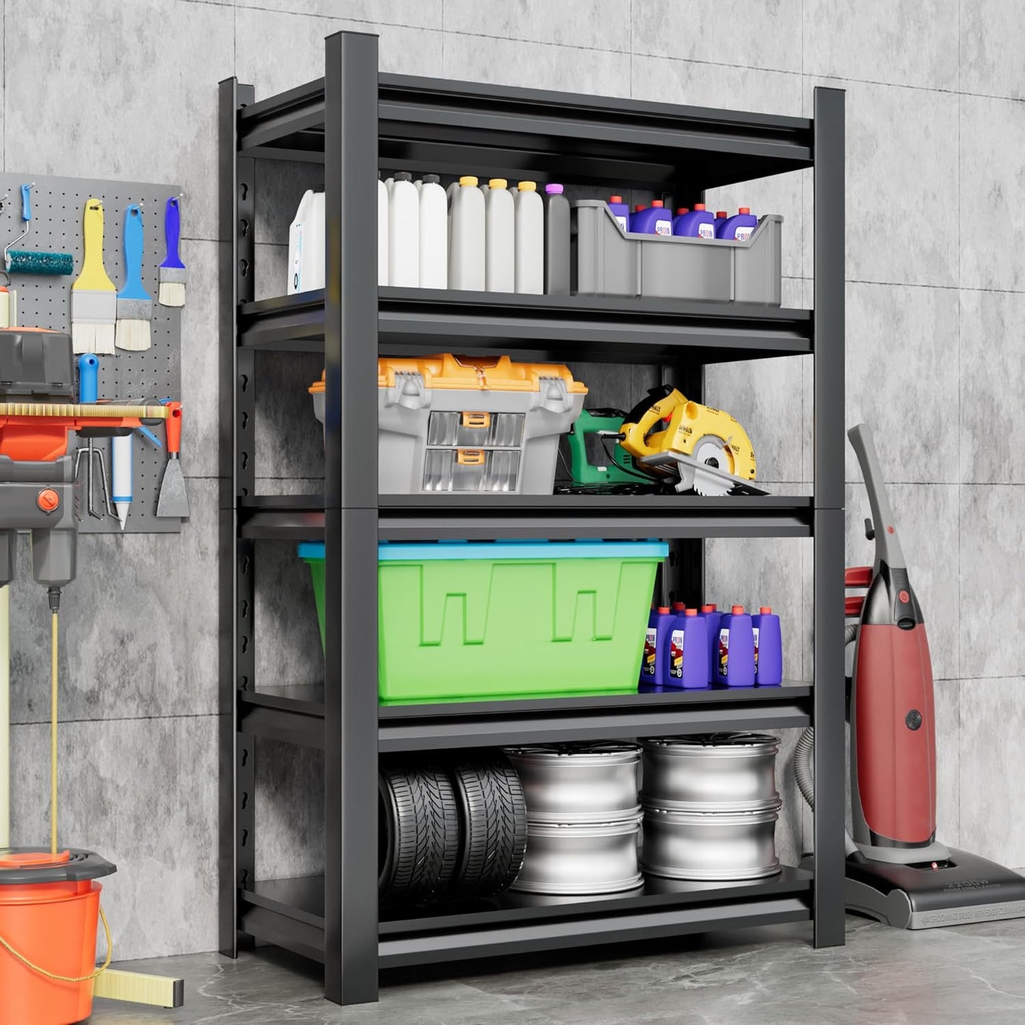 5-Tier Heavy Duty Metal Garage Shelving Unit, 24" D x 48" W x 72" H, Industrial Style, Adjustable Shelves, 3000 lbs Capacity