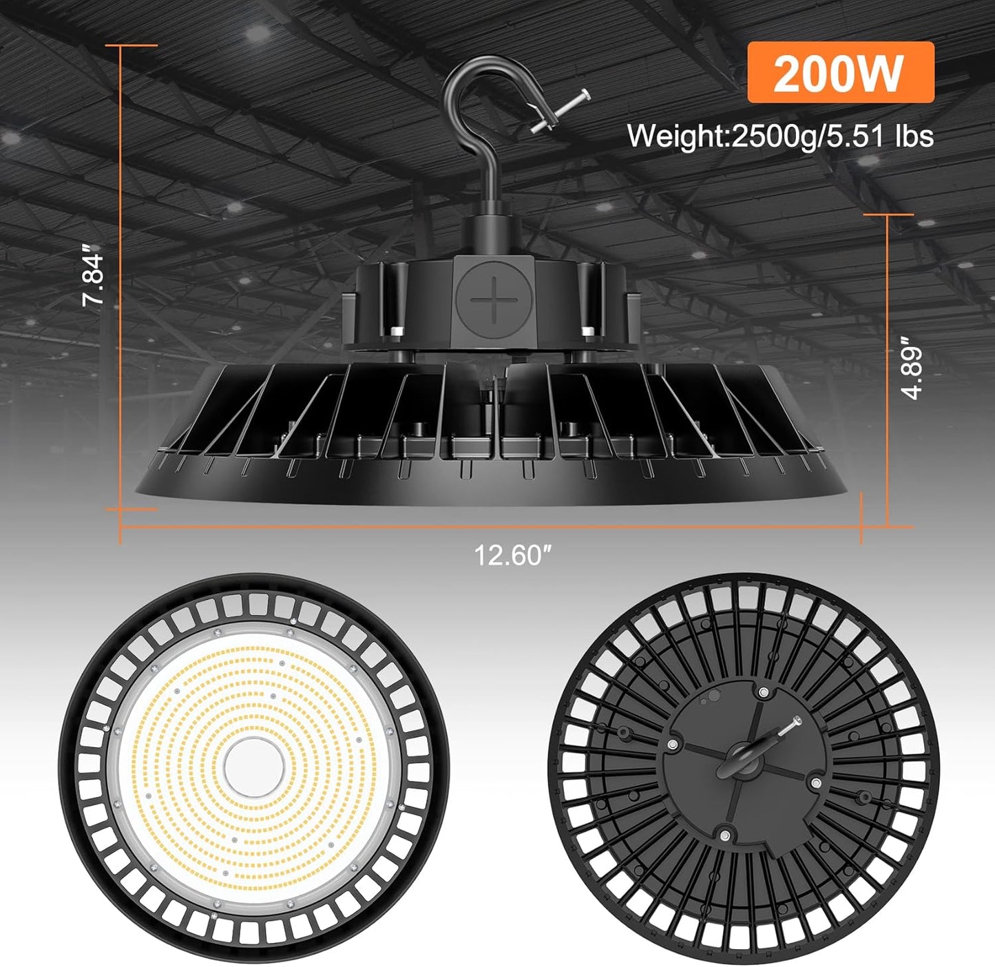 6Pack LED High Bay Lights, 200W UFO High Bay LED Shop Lights, 30000LM Adjustable CCT(5700K 5000K 4500K) & Power(200W 150W 100W), 0-10V Dimmable, 5' Cable Plug, IP65 Waterproof, ETL & DLC Listed