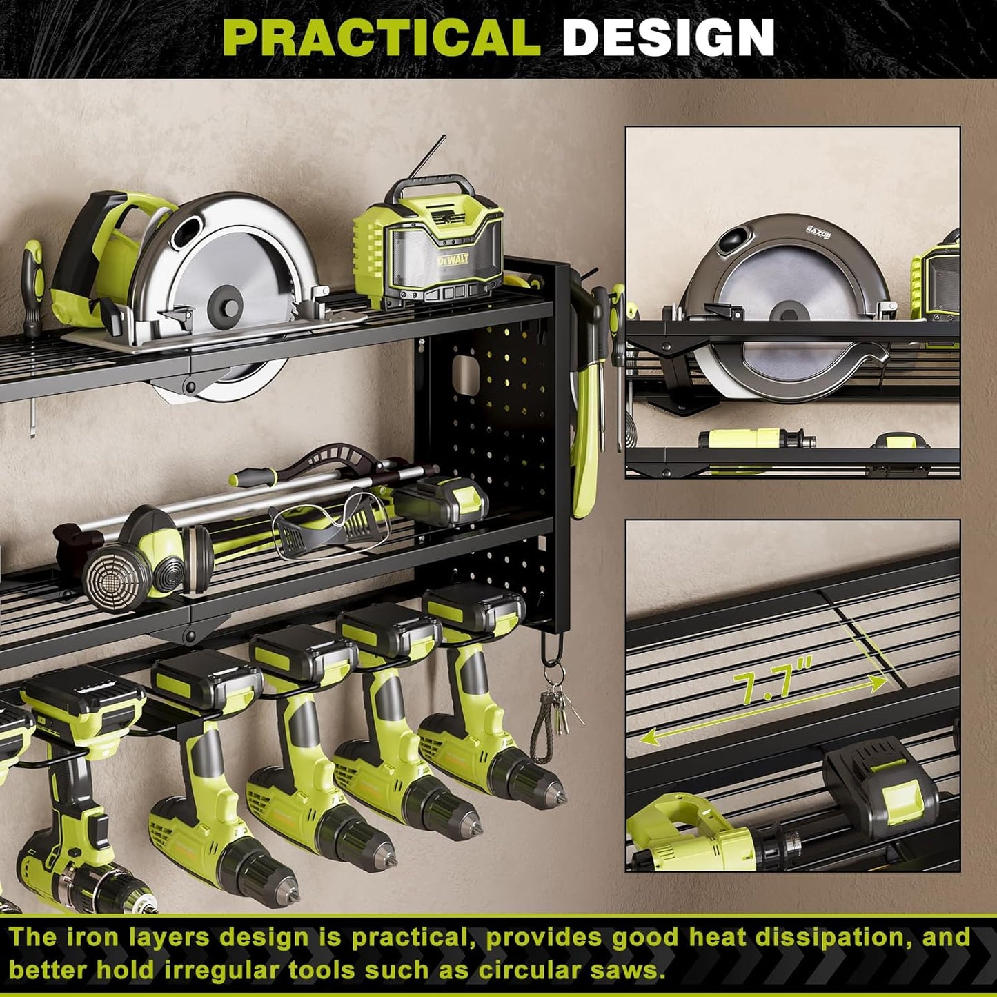 Power Tool Organizer Wall Mount,Cordless Drill Hanger Storage Rack 8 Drill Holder,3 Layers Heavy Duty Power Tool Storage Rack (Black)