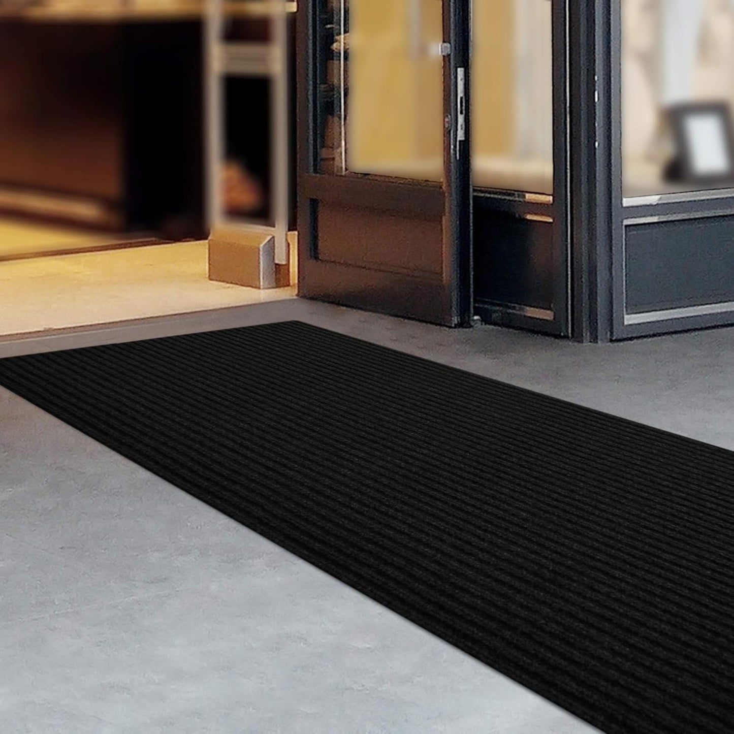 iCustomRug Spartan Weather Warrior Indoor/Outdoor Utility Ribbed Carpet Runner with Non-Slip Thermoplastic Rubber Backing, 28in X 64ft in Black