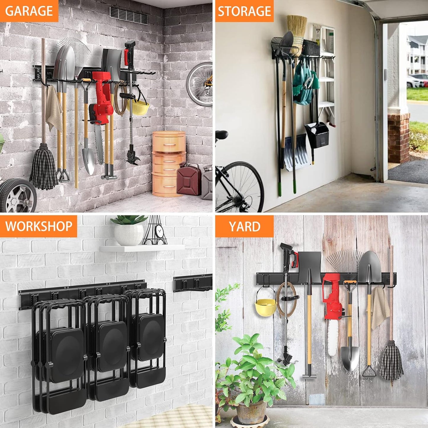 Garage Tool Organizer Wall Mount, Yard Garden Tool Organizer, Adjustable Tool Storage Rack with 4 Heavy Duty Steel Hooks, Max Load 200lbs Garage Organization, Black