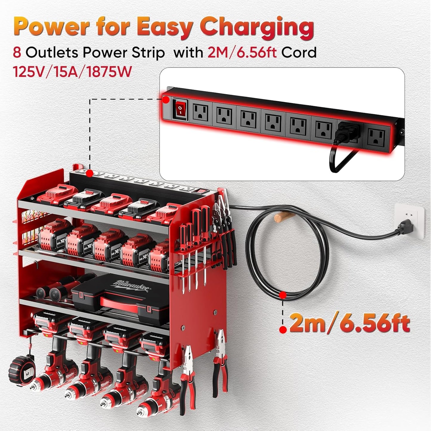 Power Tool Organizer Wall Mount with Charging Station,Tool Storage Rack with 8 Outlet Power Strip,Heavy Duty Metal Battery Utility Rack with 4 Cordless Drill Holder 6.56 Ft Cord for Garage