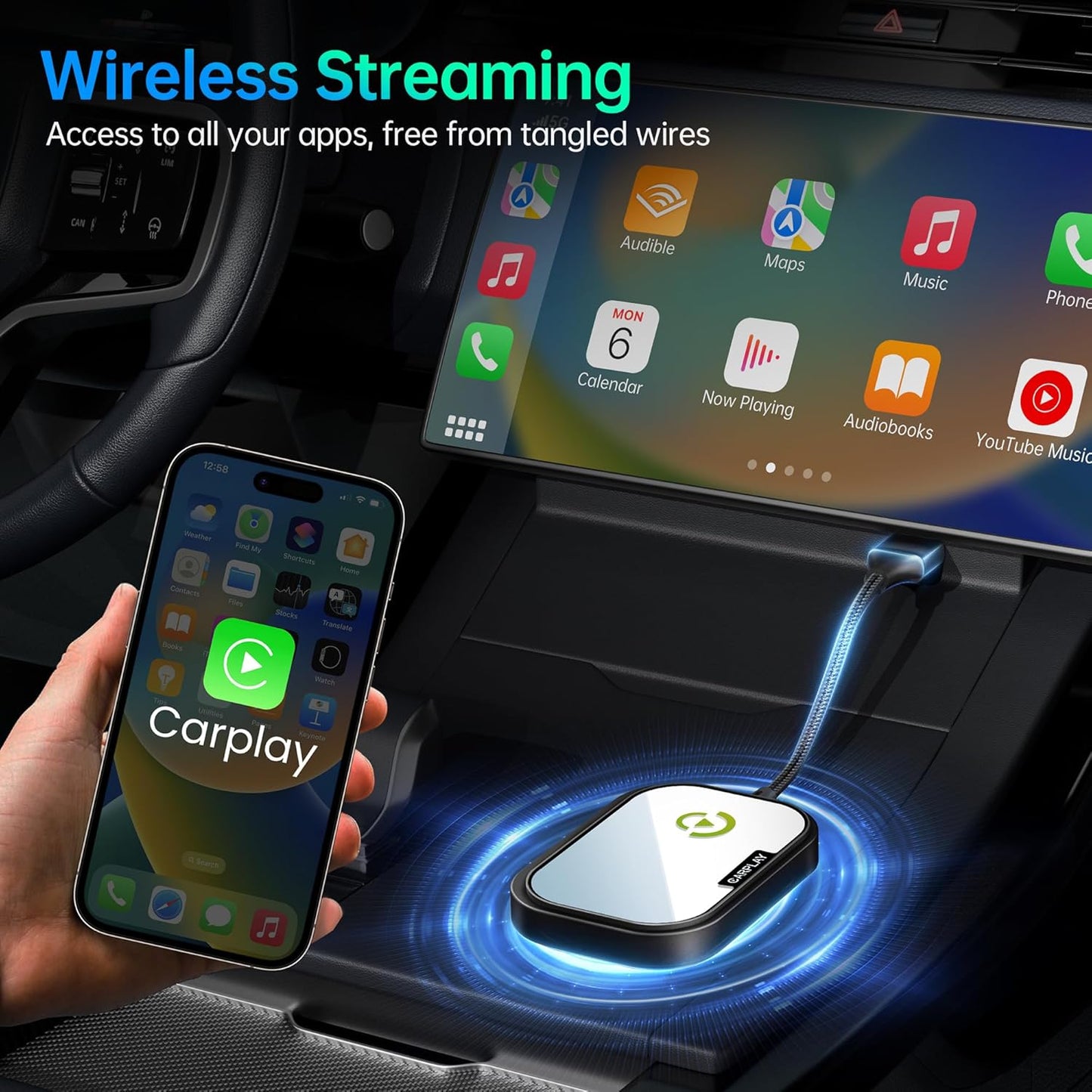Wireless CarPlay Adapter for Apple iPhone, Converts Factory Wired CarPlay to Wireless CarPlay 2024 Upgrade Plug & Play Auto Connect Fast Easy Use for Cars from 2017 & iPhone iOS Dark Black