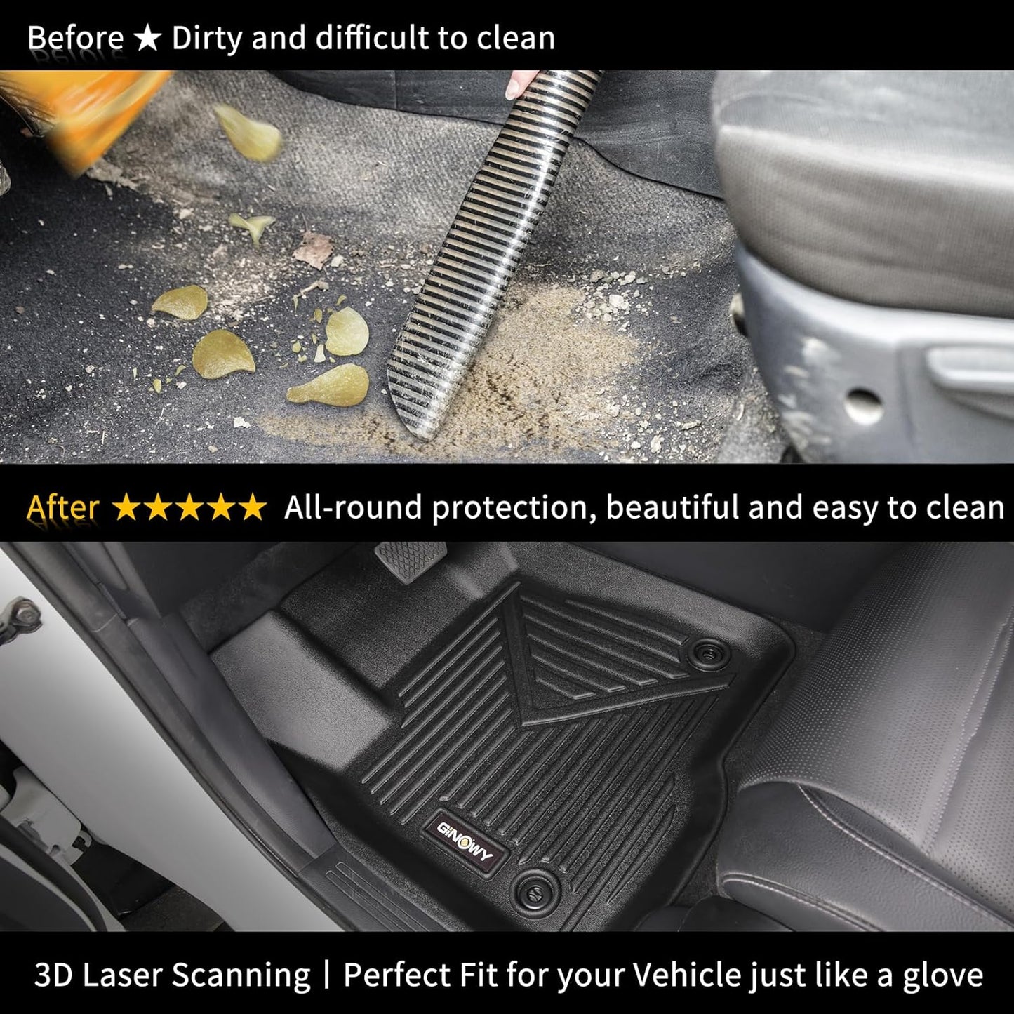 GINOWY-Floor Mats for Chevy Colorado 2023 2024 2025 Crew Cab &GMC Canyon, TPE All Weather Protection Floor Liners for Colorado 2024, Non-Slip Durable Waterproof Custom Fit Accessories, Black
