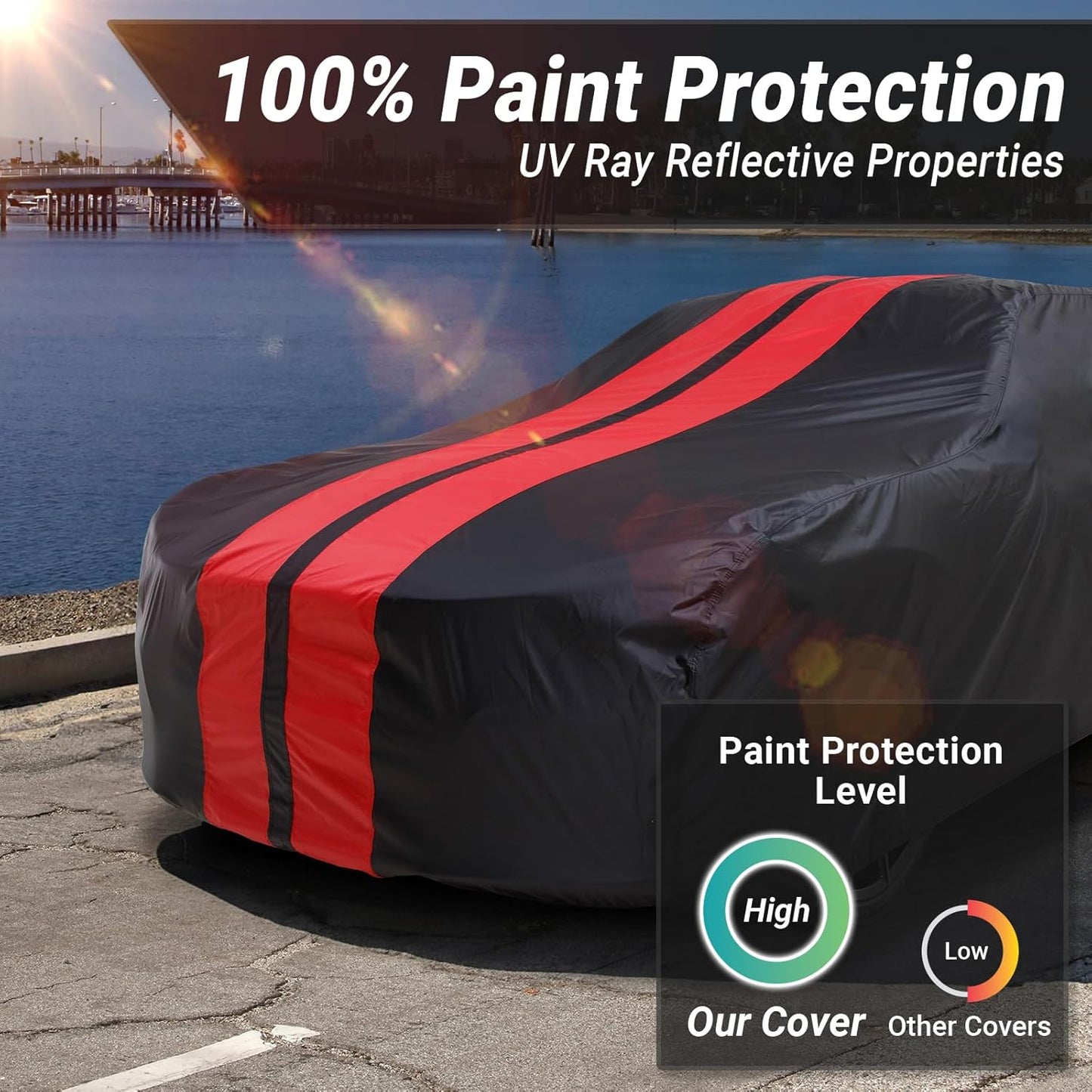iCarCover Custom Car Cover for Pontiac Lemans Wagon (1964-1977) Waterproof All-Weather Rain Snow UV Sun Protector Full Exterior Indoor Outdoor Car Cover (Stripe - Black/Red)