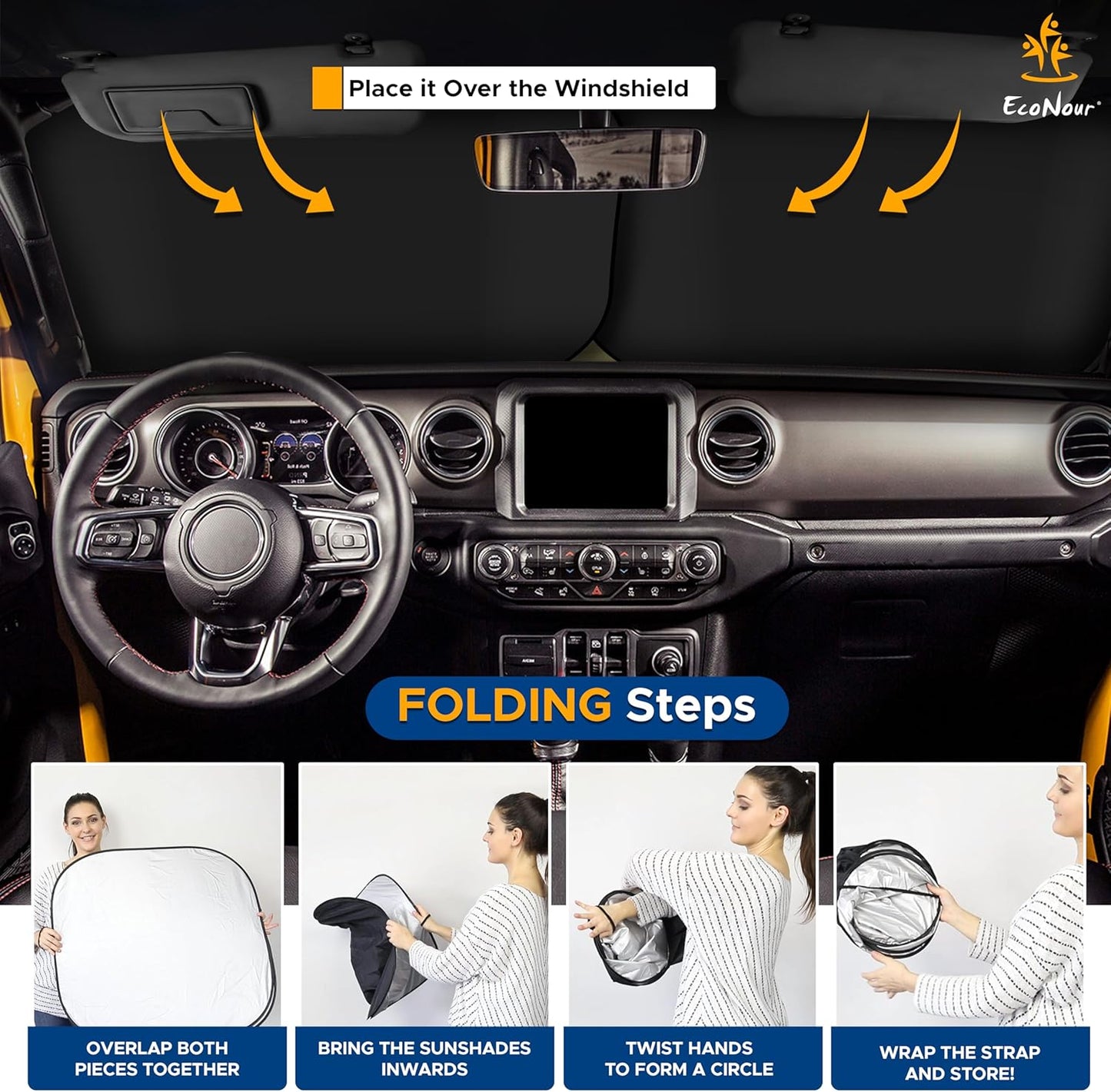 EcoNour 2-Piece Windshield Sun Shade for Jeep | Foldable Jeep Wrangler Sun Shade/Jeep Gladiator Sun Shade fit for Jeep Wrangler JL JLU 2018-2025 / Jeep Gladiator 2020-2025 | Keeps Car Interior Cooler