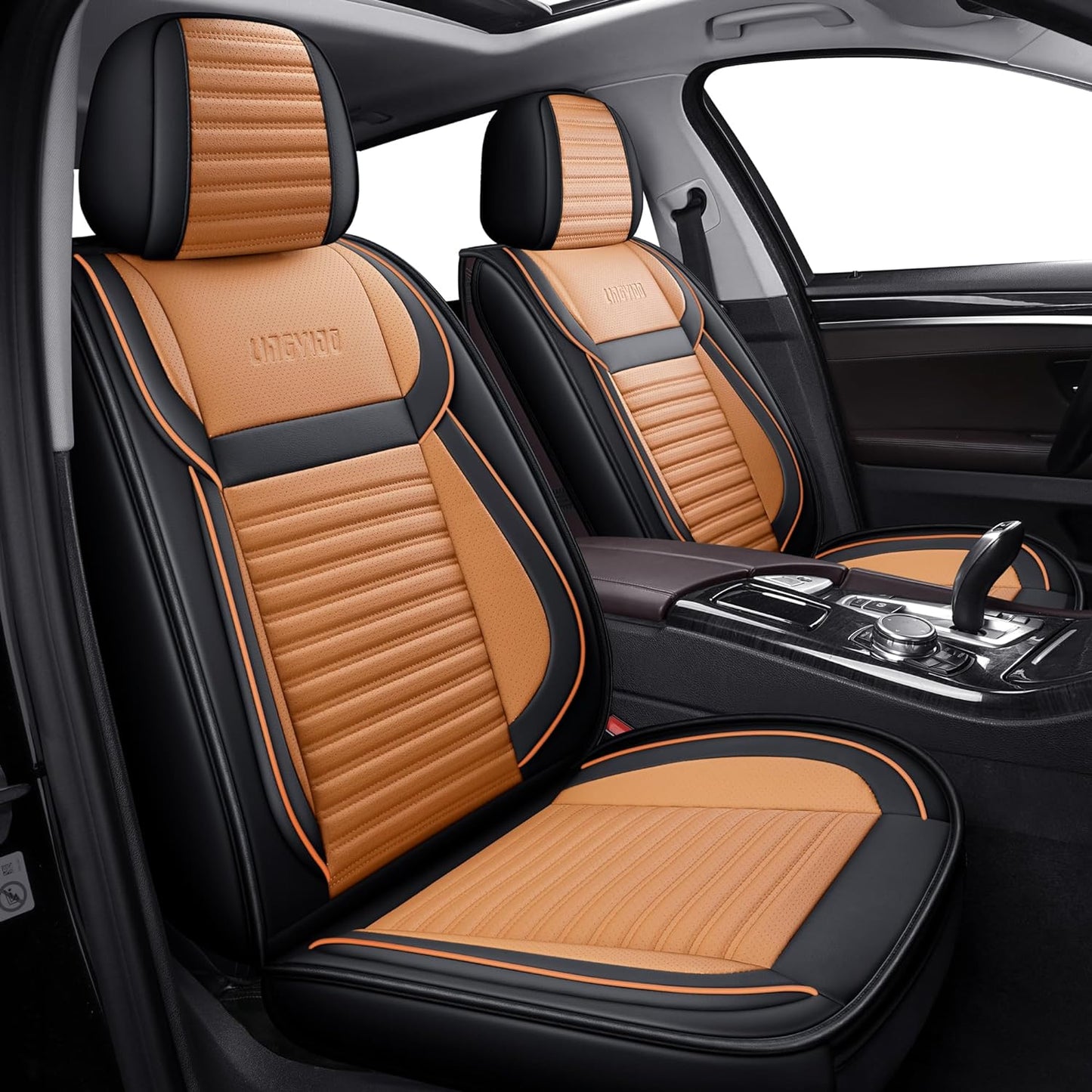 LINGVIDO Car Seat Covers, Breathable and Waterproof Faux Leather Automotive Seat Covers for Cars SUV Truck Sedan,Universal Anti-Slip Seat Cover with Backrest (Full Set, Brown & Black)