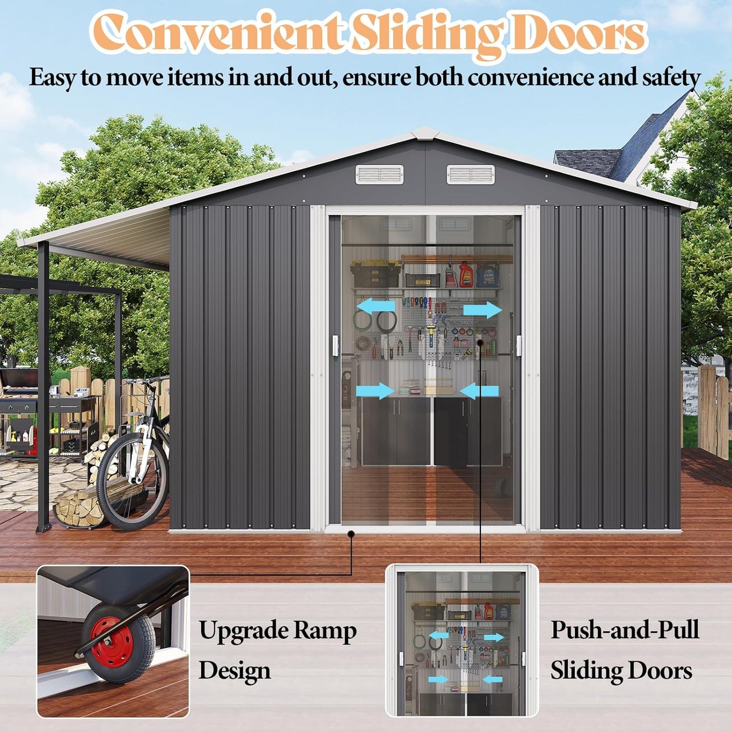AMERLIFE 10.6x10.3x6.3 FT Galvanized Metal Storage Shed with Open Firewood Bay, Sliding Doors & Ramp, 2 Windows & Vents, Weather-Resistant Outdoor Tool/Garden Shed, Dark Grey/White