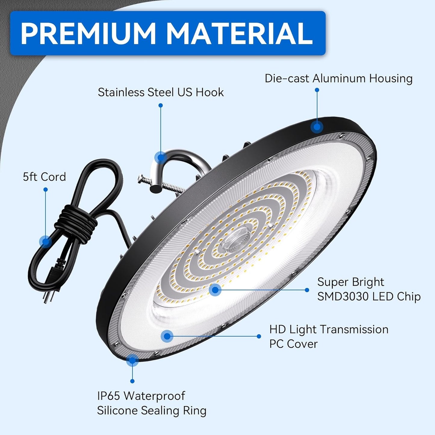 Led High Bay Light 100W, 14000lm 5000K UFO Bay Lighting with US Plug 5' Cable, 120V, IP65 Waterproof Commercial Lights Fixture for Workshop Factory Barn Garage, 4 Pack
