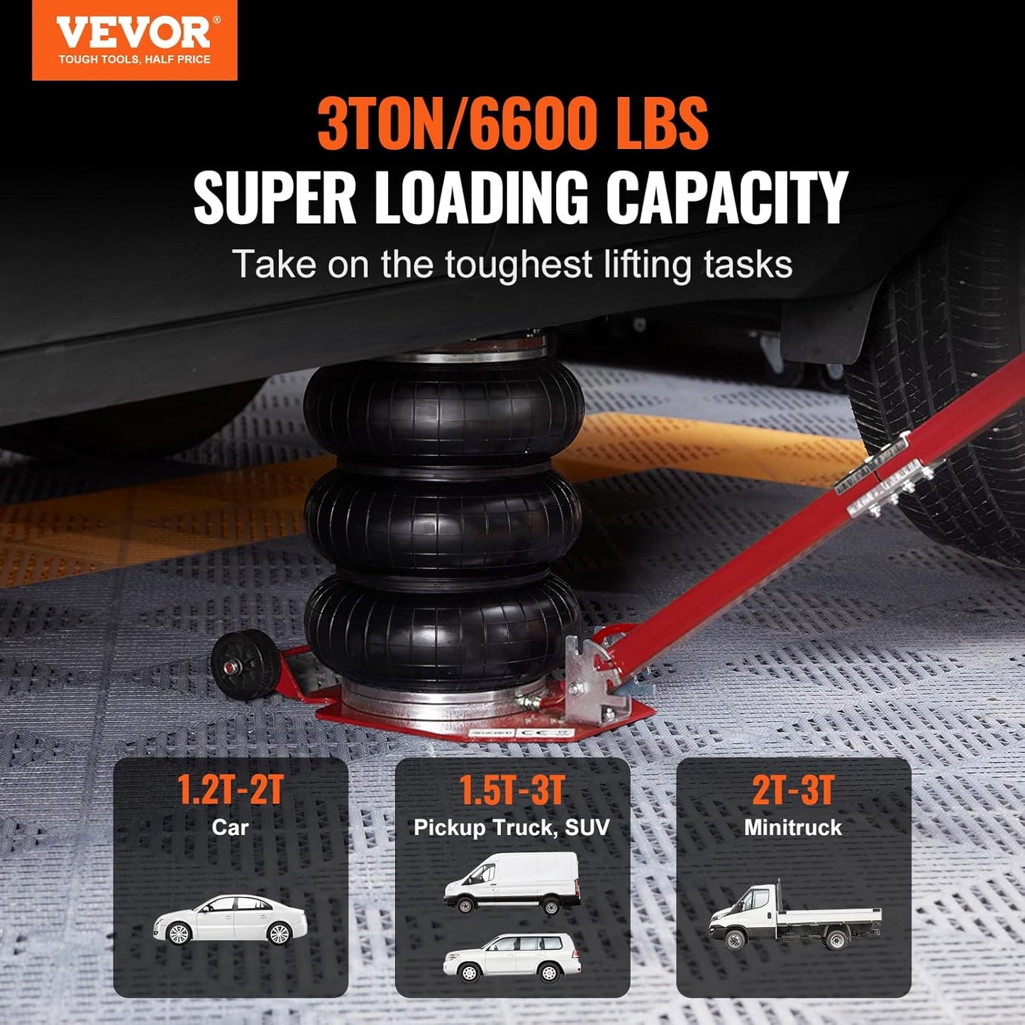 VEVOR Air Jack, 3 Ton/6600 lbs Triple Bag Air Jack, Air Bag Jack Lift Range 5.9"-15.75", Airbag Jack with Adjustable Long Handle, 3-5 S Fast Lifting for Car, Auto Shop, Garage