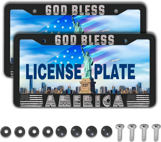License Plate Frames Black and White License Plate Frame God Bless America Aluminum Metal Car Accessory 2 Pack with Screw Covers Set