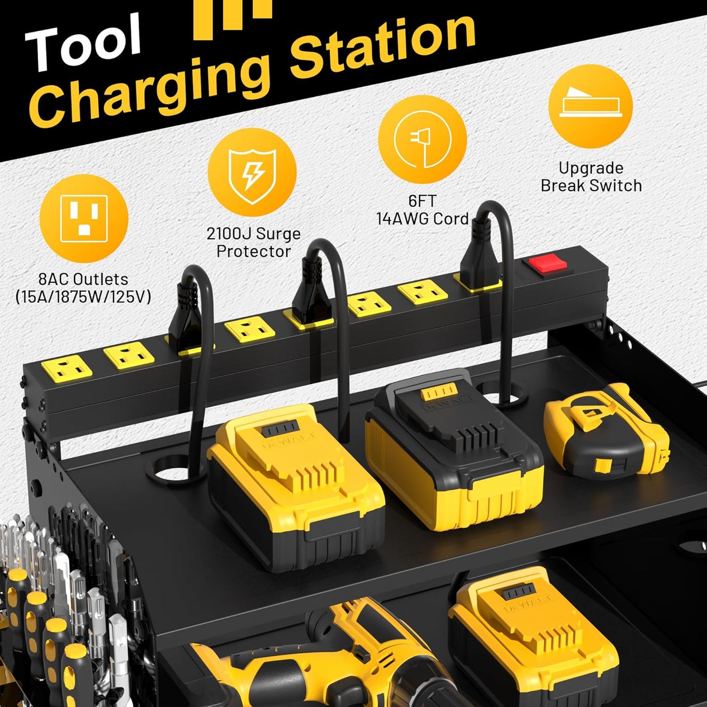 4-Layer Wall-Mounted Power Tool Organizer Rack,Heavy Duty Adjustable Shelves Organizer for Cordless Power Tool Batteries,Space-Saving Garage & Workshop Charging Station 8 Outlets Power Strip
