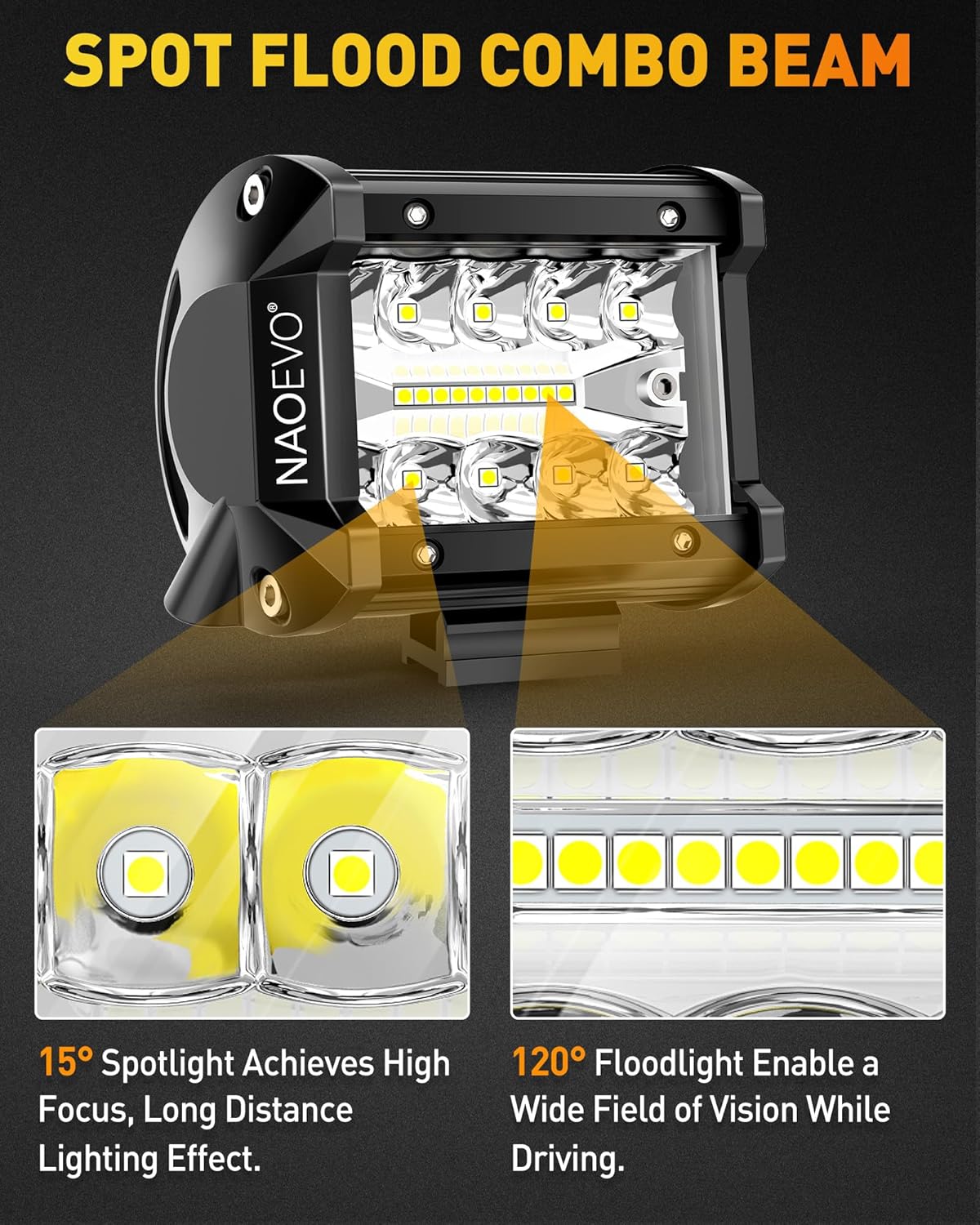NAOEVO 4 Inch LED Pod Lights, 480W 48,000LM LED Fog/Driving/Off Road Lights with Spot Flood Combo, Cube Pods for Truck Boat ATV UTV Pickup, 8 Pcs (White)
