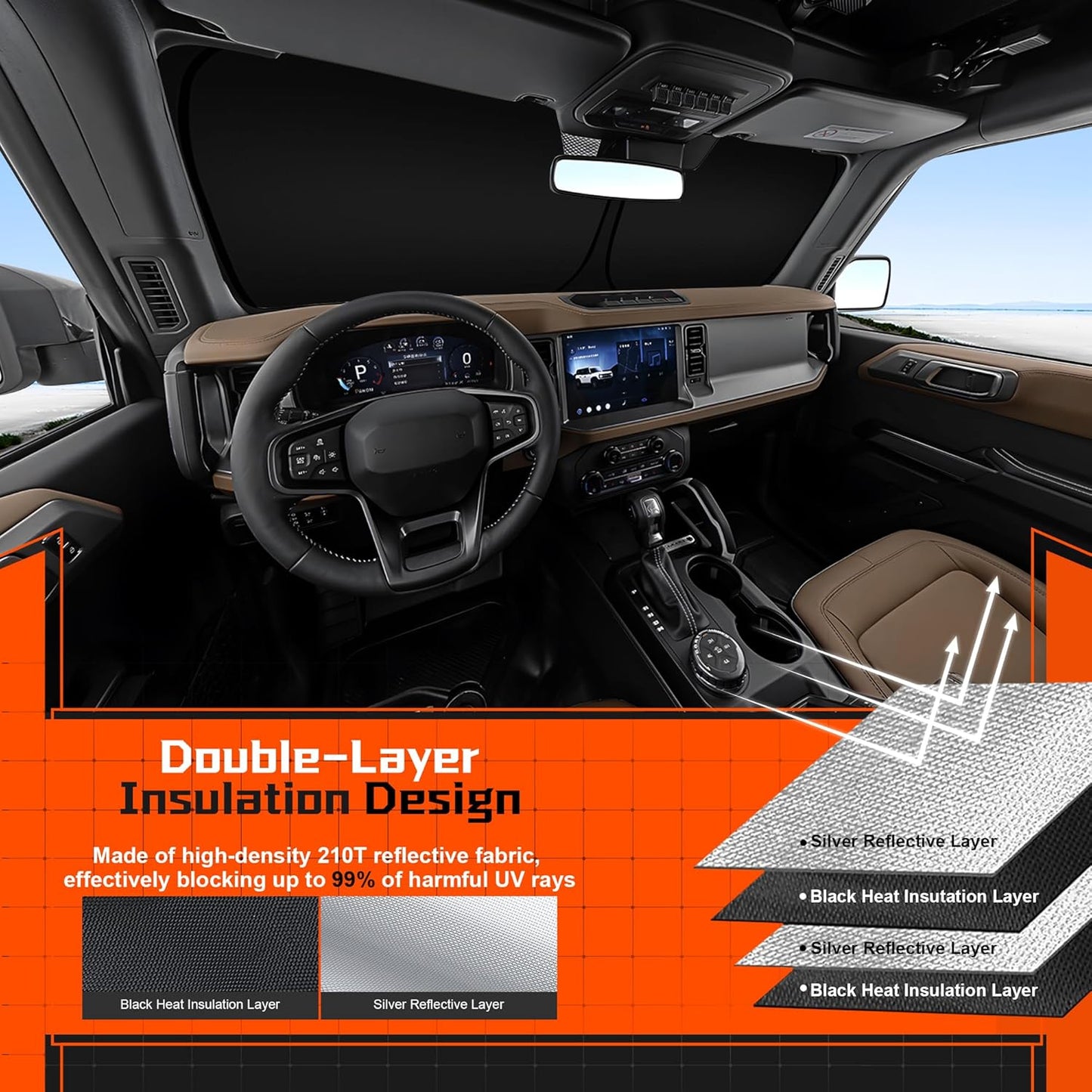 Custom Fit Windshield Sun Shade for Kia EV6 2022-2025 - Full Coverage, 210T Reflective Fabric, Double-Layer Design - Blocks 99% UV Rays, Keeps Car Cool, Easy to Install and Store