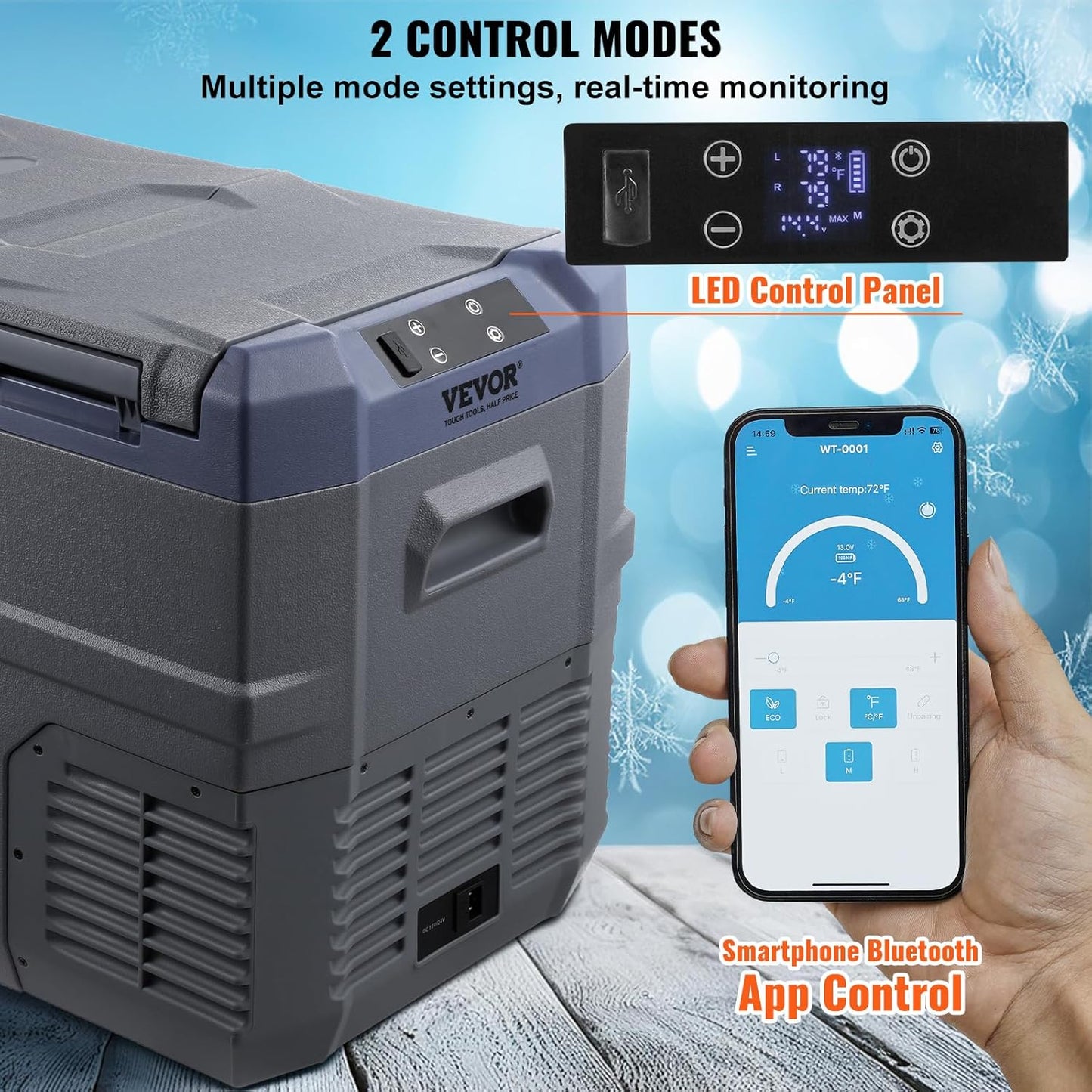 VEVOR NLS45, 12 Volt Car Refrigerator Fridge, 32 L Dual Zone Portable Freezer, -4℉-68℉ Adjustable Range, 12/24V DC and 100-240V AC Compressor Cooler for Outdoor, Camping, RV, Bule and grey