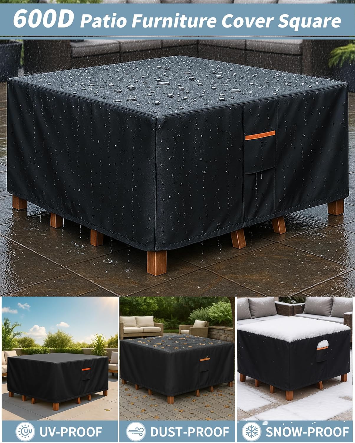 Outdoor Waterproof Furniture Cover, 86W x 86L x 28H inches Heavy Duty 600D Square Table and Chair Set Protection, Black