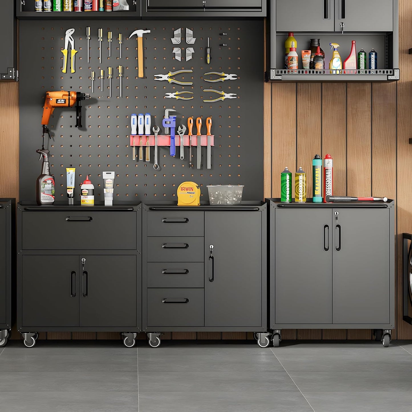 Metal Tool Cabinet,Garage Storage Cabinet System,Wall Cabinet & Locking Rolling Tool Cabinet with Doors and Adjustable Shelves,Steel Tool Cabinets for Home,Office (4 Pcs-StyleC, Black)