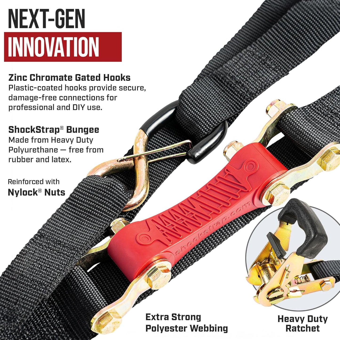 Ratchet Strap, 10' x 1" Shock Absorbing Heavy Duty Tie Downs for Cargo, 500 LB WLL / 1,500 LB Break Strength, 4-Pack