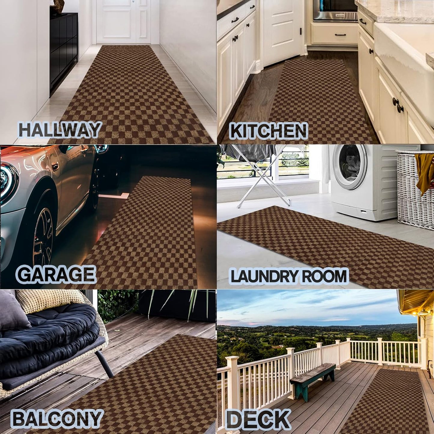 Custom Size Backed Non-Slip Area Rugs Runner, Easy Clean, Waterproof Runner Rugs for Hallway Entryway, Kitchen, Laundry, 2FT x 2FT, Brown Checkered