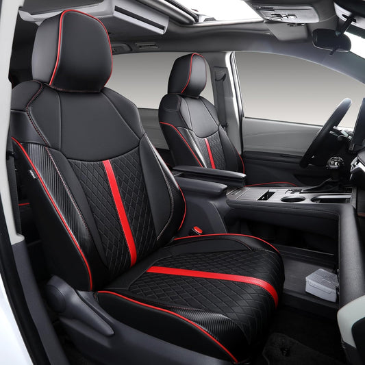 Custom Fit Sienna Seat Covers for Toyota Sienna LE,XLE 2021-2025 3-Row Accessories Full Coverage Waterproof Leather Car Seat Covers Full Set (Black with red, 7-Seat)
