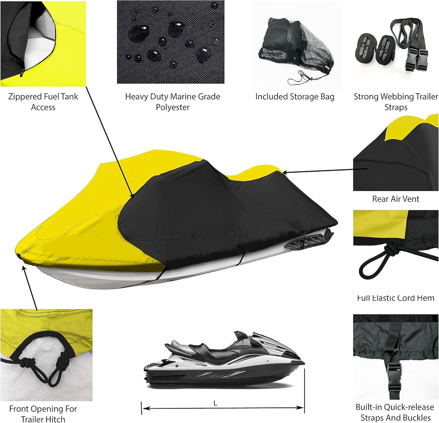 Trailerable Jet Ski Cover, Waterproof Marine Grade 600D Heavy Duty Polyester PWC Cover Yellow/Black Color Fits Stand-up Jet Ski