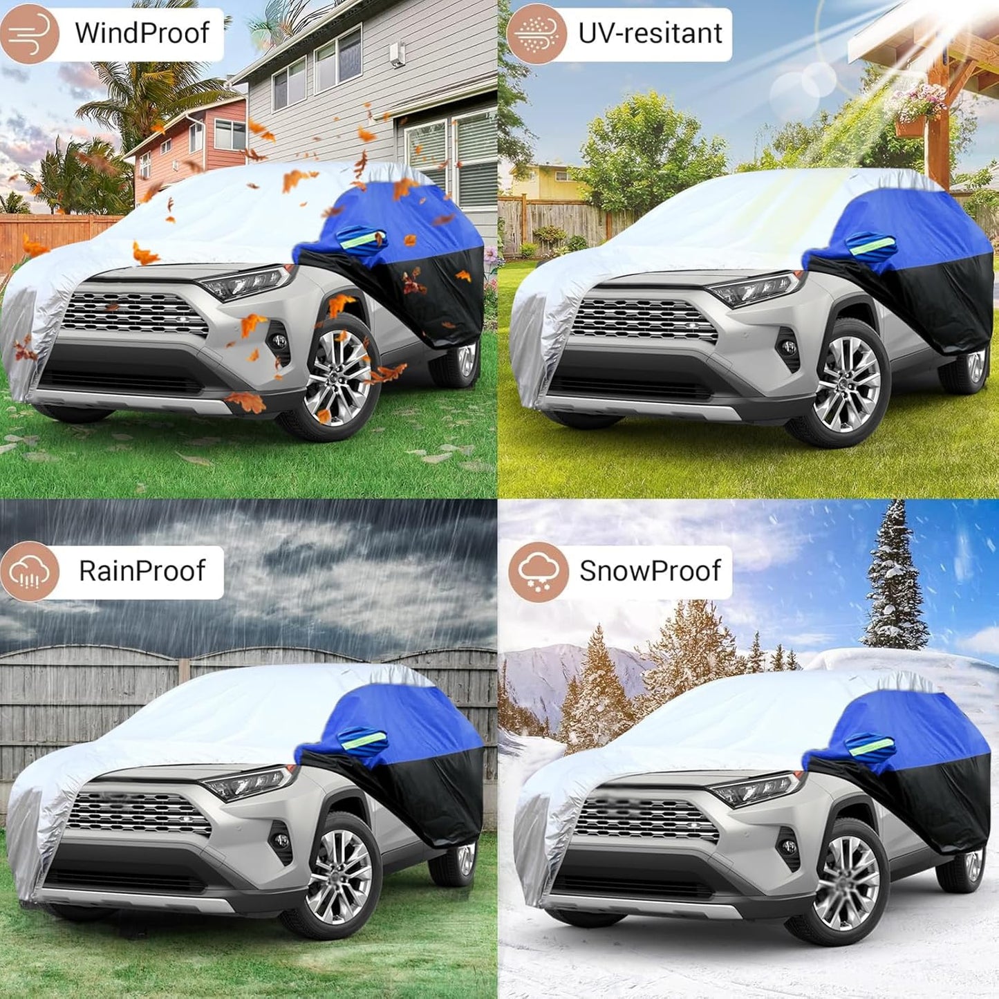 Car Cover for SUV Waterproof All Weather Snowproof UV Windproof Outdoor Full Car Jacket with Elastic Edges Adjustable Straps, Outdoor Heavy Duty Full Exterior Covers for SUV
