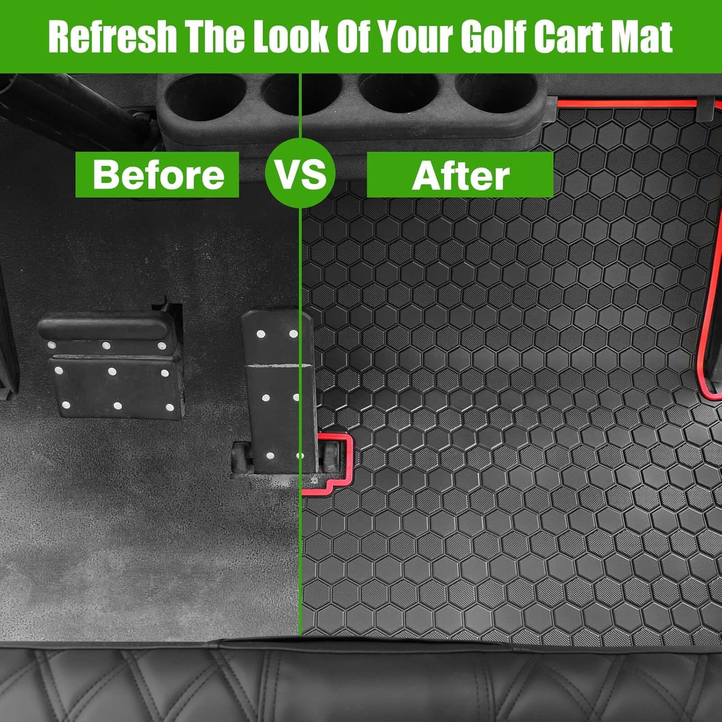 EZGO TXT Golf Cart Full Coverage Floor Liner Mat, fits EZGO TXT (1994+), Valor(1994+), Express S4(2012-2020), Cushman Workhorse, EX1(2020), Thick Anti-Slip Rubber, Red Trim