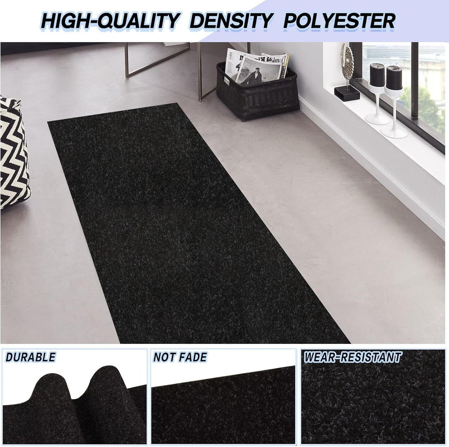Custom Size Backed Non-Slip Area Rugs Runner, Easy Clean, Waterproof Runner Rugs for Hallway Entryway, Kitchen, Laundry, 4FT x 40FT, Black
