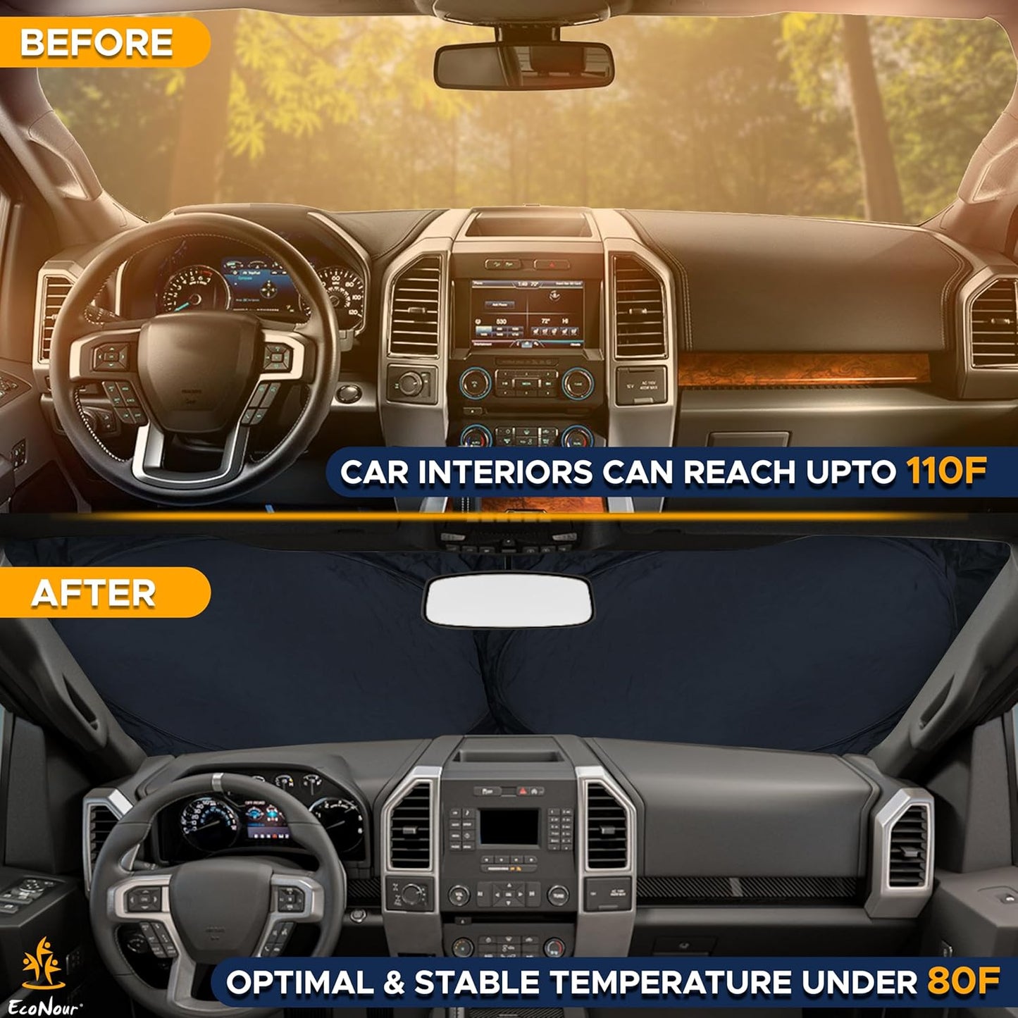 EcoNour Truck Windshield Sun Shade with Storage Pouch | Reflective 240T Material Sun Shield for UV & Heat Protection | Foldable Windshield Cover | Must-Have Truck Accessories | X-Large (69"x35")