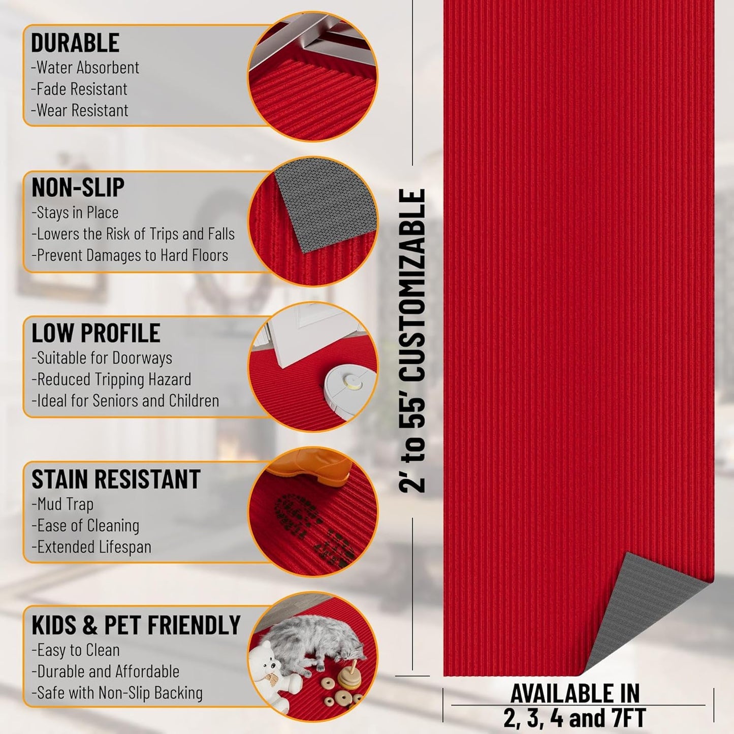 Ottomanson 2'7" x 11' Hallway Runner with Scraper Pile Extra Durable Non-Slip Rug Mat for Indoor & Outdoor Use - Ideal for Kitchen, Entryway, Patio & Garage - High-Traffic Carpet, Red