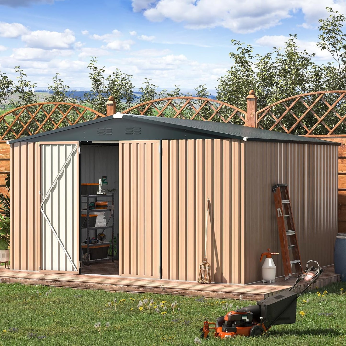 AECOJOY 12' x 10' Outdoor Storage Shed, Large 10x12 Metal Sheds & Outdoor Storage Clearance Steel Yard Shed with Lockable Doors, Utility and Tool Storage Garden Shed for Backyard, Patio, Outside use