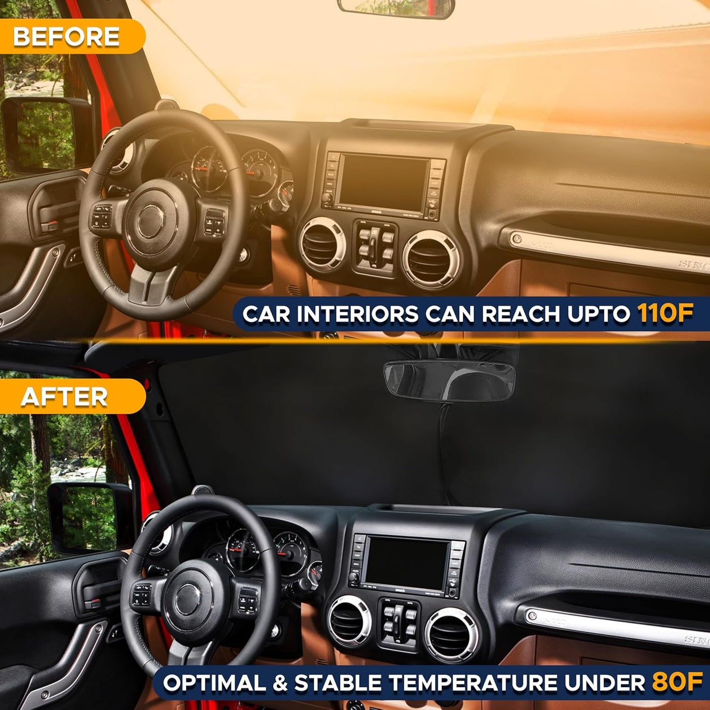 EcoNour Jeep Windshield Sunshade | Sun Visor for UV Rays & Heat Protection | Suitable for Wrangler, Gladiator | Jeep Accessories for Wrangler | X-Small - 60x21 Inches