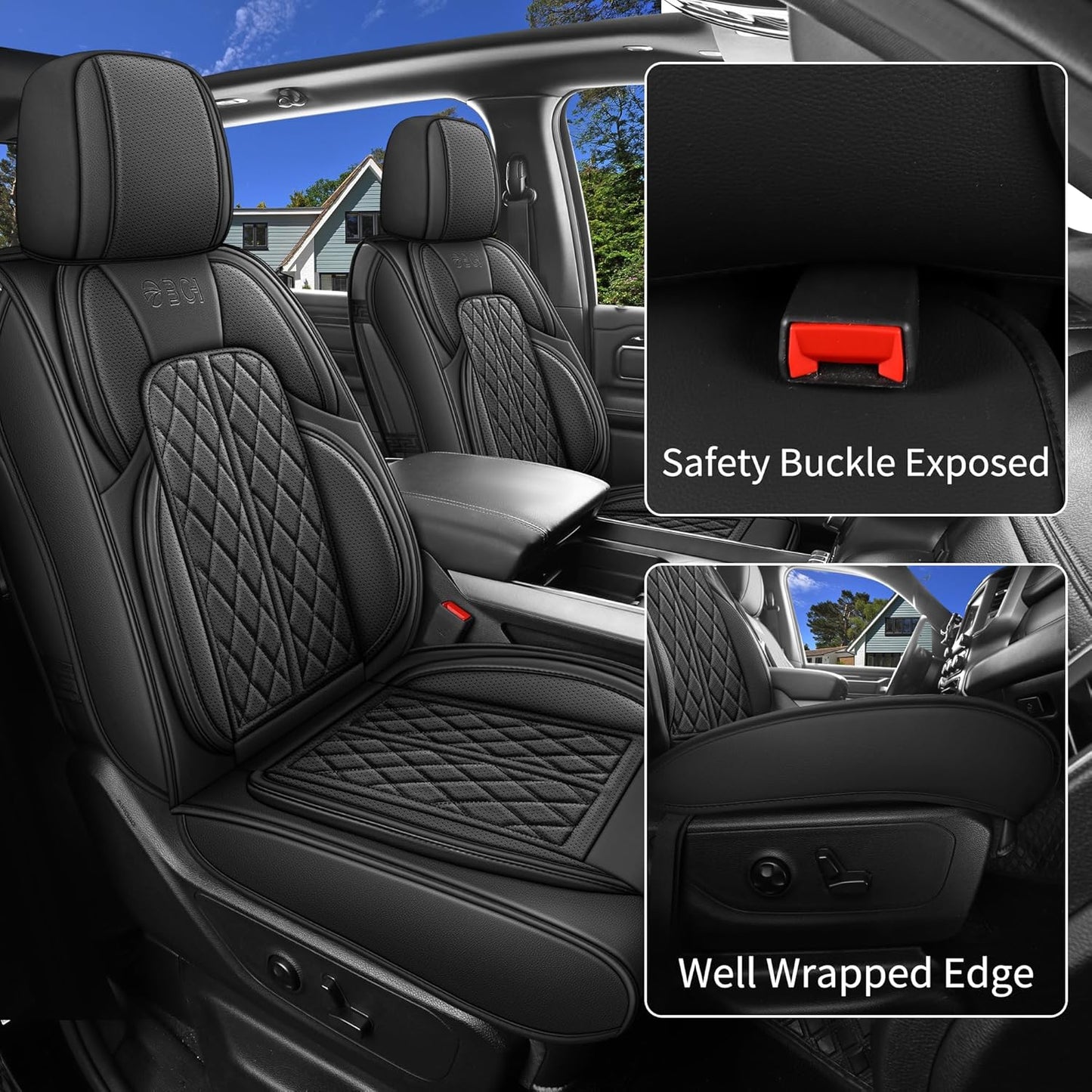 Car Seat Cover Custom Fit for Dodge Ram 1500 2500 3500 2002-2024 Faux Leather Seat Cover Set Compatible with Crew Quad Regular Cab Pickup Truck Cushions (Black, Full Set, Curved Rear)