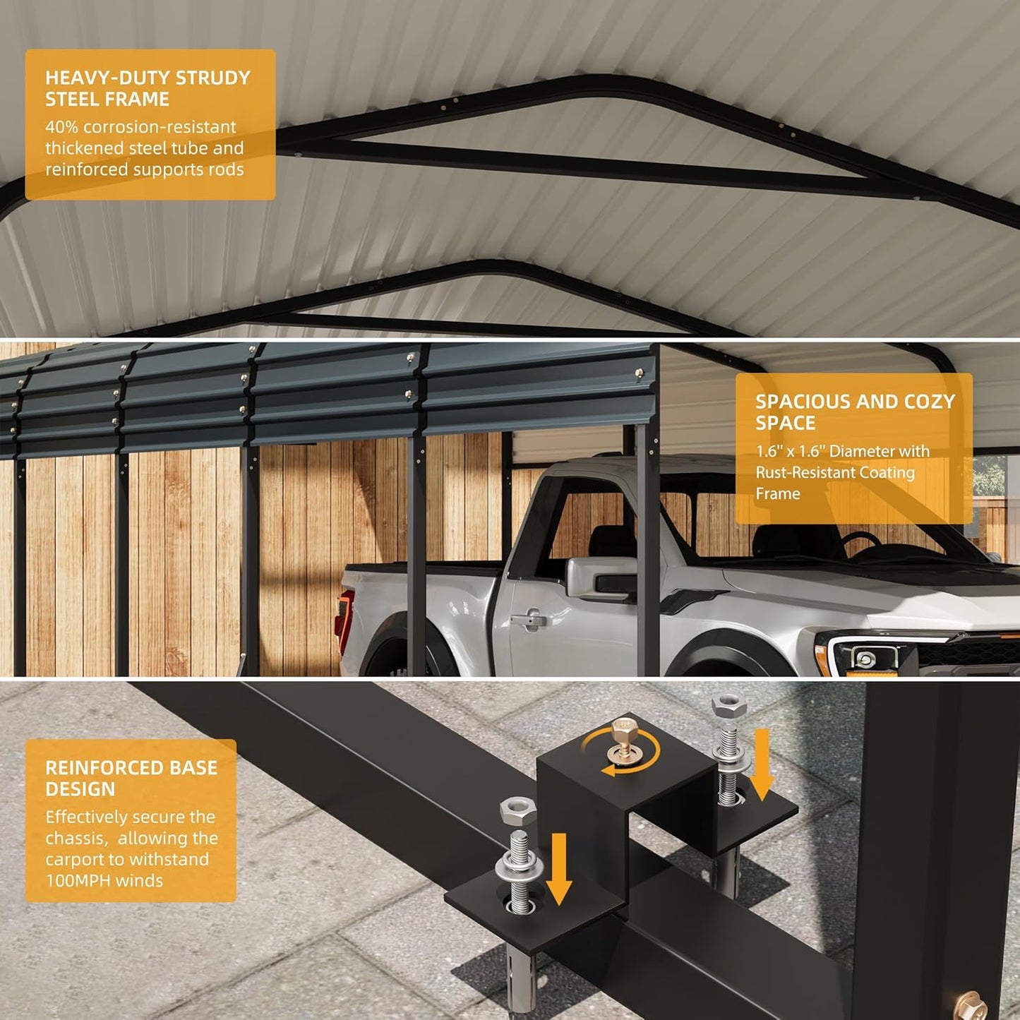 12' x 24' Heavy Duty Metal Carport with Galvanized Steel Roof, Metal Roof Carport with Enhanced Base, Tall Metal Carport Kits Garage for Tractors, Pickup, Boat, Car