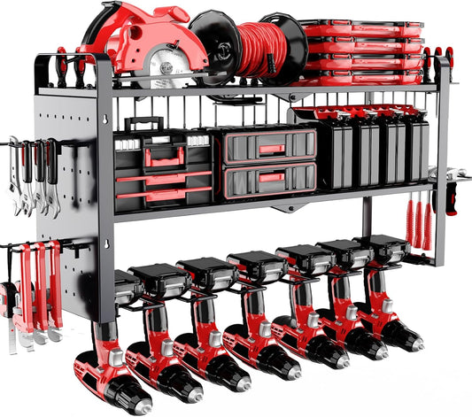Power Tool Organizer Wall Mount - Pegboard with 7 Drill Holder - Heavy Duty Metal Tool Shelf for Garage Organization