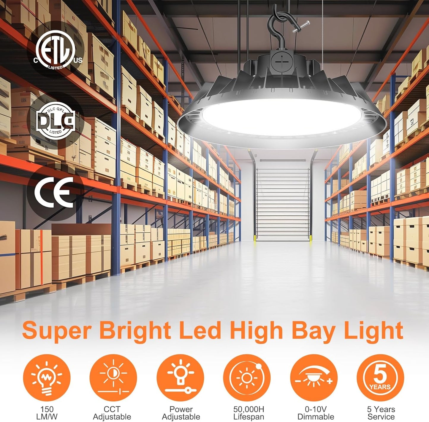 9Pack LED High Bay Lights, 240W UFO High Bay LED Shop Lights, 36000LM Adjustable CCT(5700K 5000K 4500K) & Power(240W 200W 150W), 0-10V Dimmable, 5' Cable Plug, IP65 Waterproof, ETL & DLC Listed