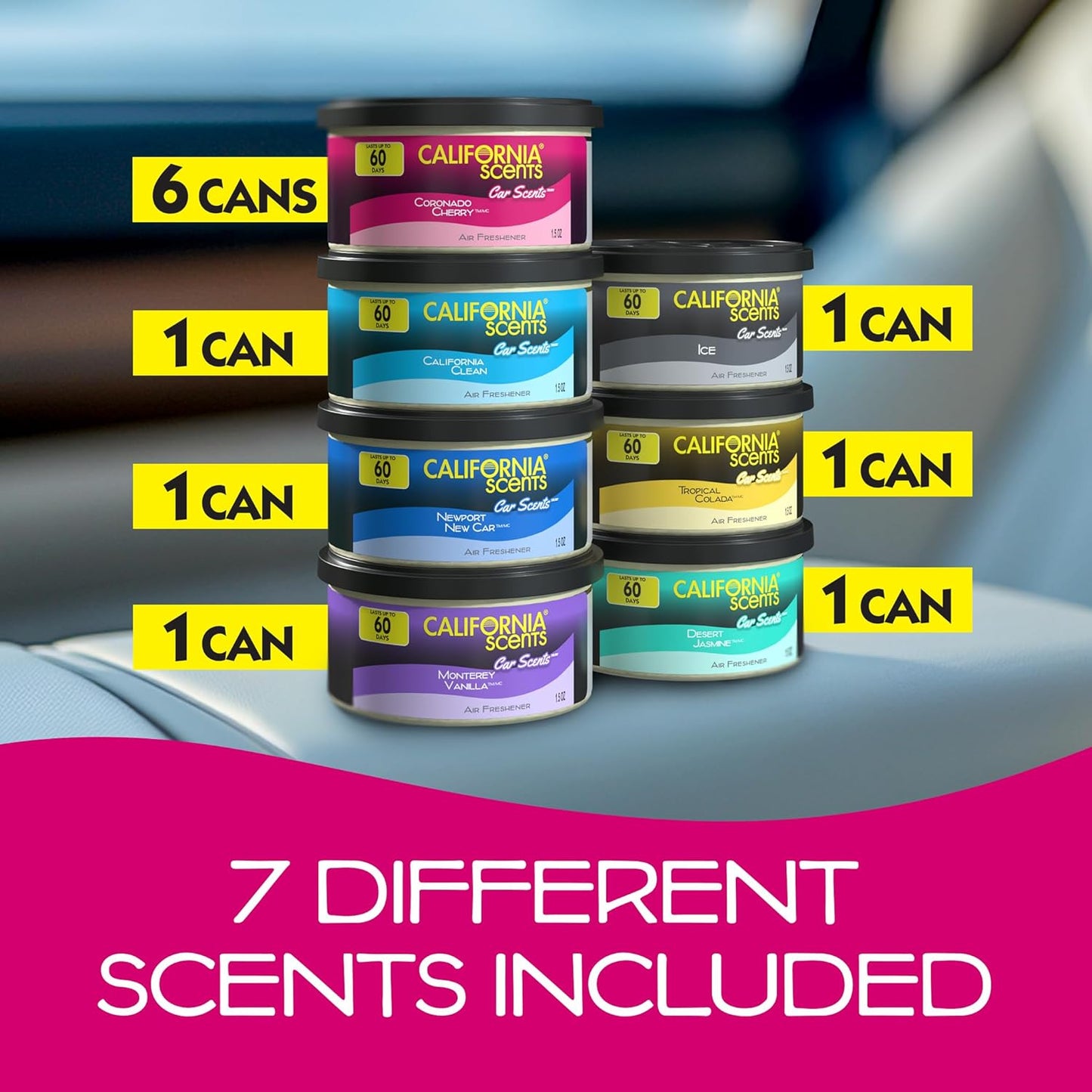 Can Air Freshener and Odor Neutralizer by California Scents, Set of 12 Spillproof Cans for Home and Car, Assorted Scents, 1.5 Oz Each (Packaging May Vary)