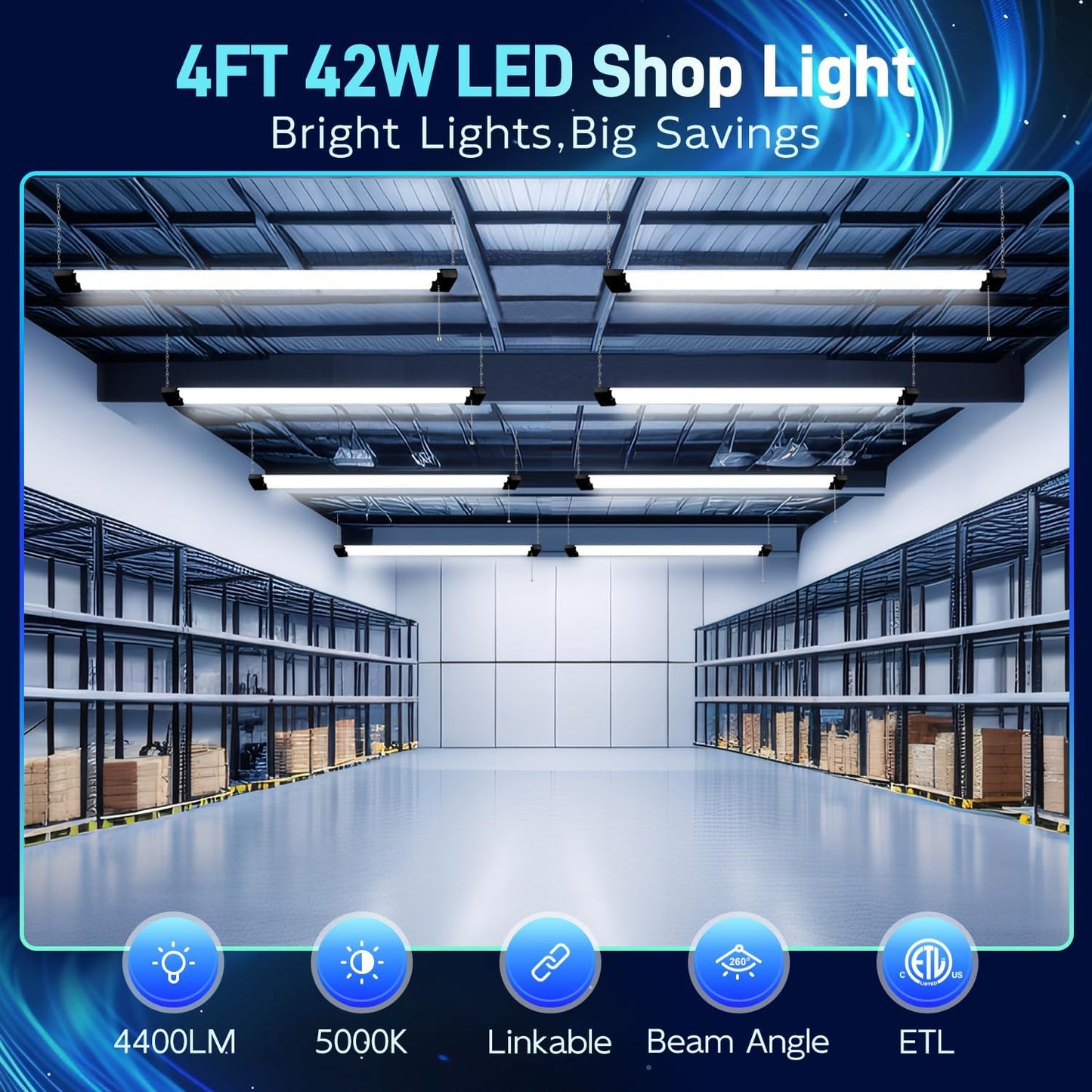 hykolity 5000K LED Shop Light Linkable, 4FT Daylight 42W LED Ceiling Lights for Garages, Workshops, Basements, Hanging or FlushMount, Power Cord with Pull Chain, 4400lm, ETL- 1 Pack