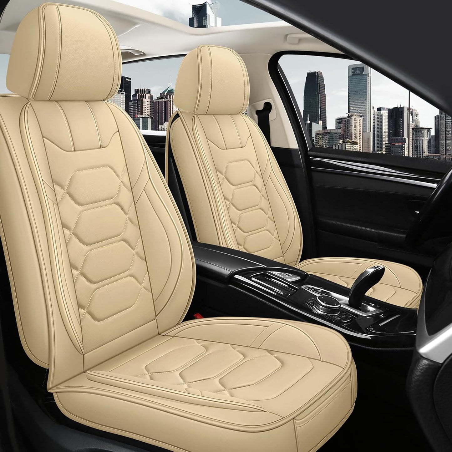 Pariitadin Leather Car Seat Covers Full Set, Waterproof Breathable Faux Leather Automotive Seat Covers for Cars, Non-Slip Car Interior Covers Universal Fit Most Cars Sedans Trucks SUVs, Beige