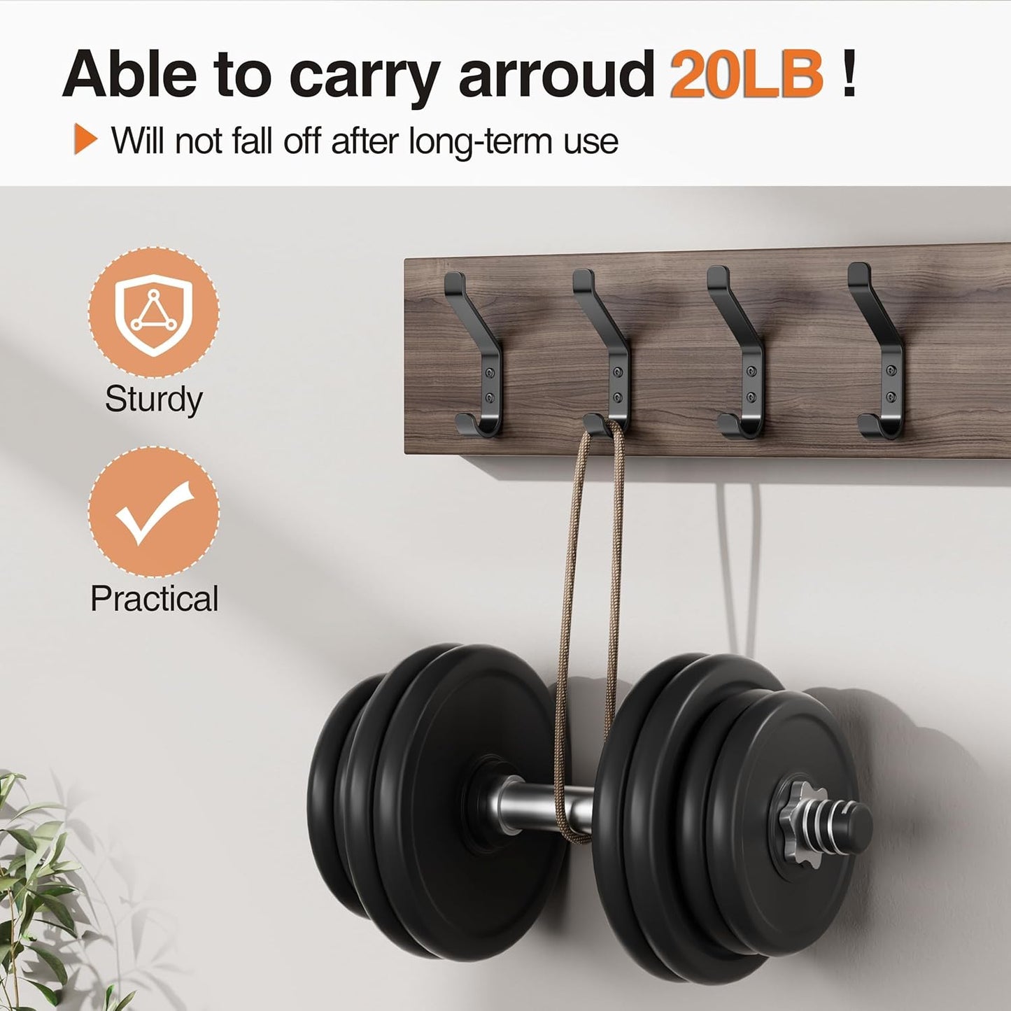 10-Pack Coat Hook for Hanging, 20LB (Max), Stainless Wall Hooks for Towel, Hat, Backpack, Key, Clothes, Wall Mounted Coat Hanger for Closet, Metal, Black, 3.75"