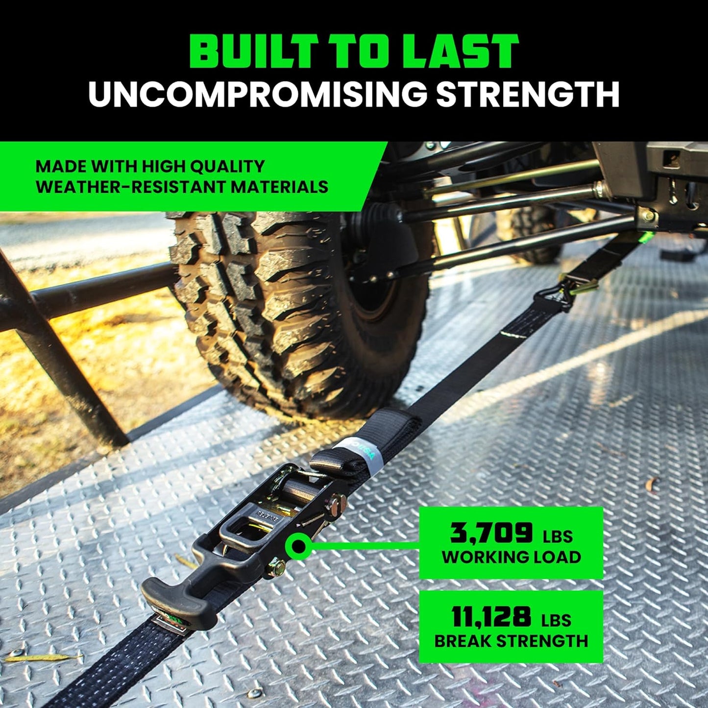 Rhino USA Car Tie Down Straps for Trailers with J Hooks (4-Pack) – 2" x8' (10,000lb Break Strength) – Heavy Duty Car Hauler Tire Straps with Axle Straps for UTV, Powersports & More – Black