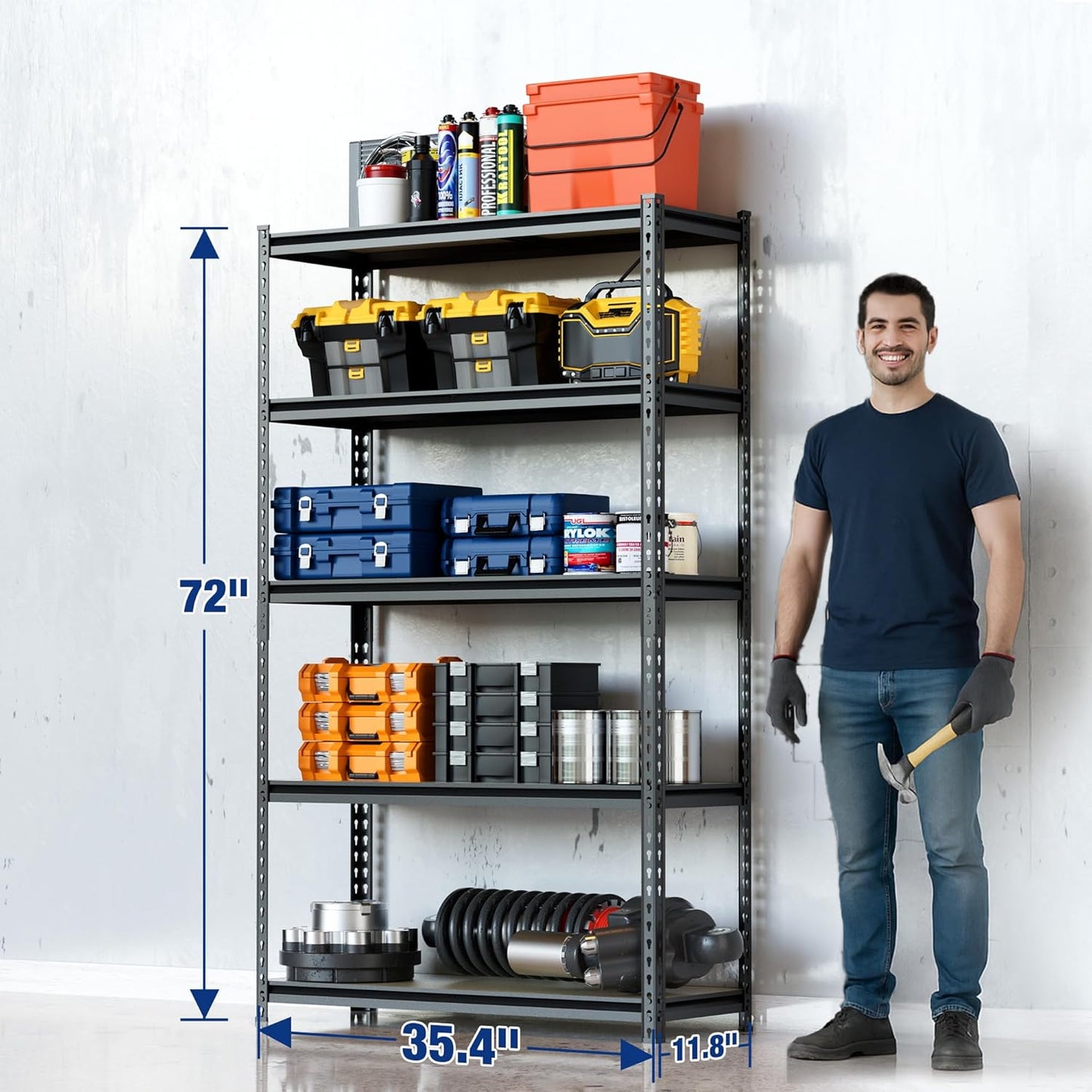 WORKPRO 5-Tier Storage Shelf, 72" H Heavy Duty Adjustable Garage Shelving Unit 2180LBS Capacity, for Basement, Kitchen, Pantry, 35.4”Wx11.8”Dx72”H, Black